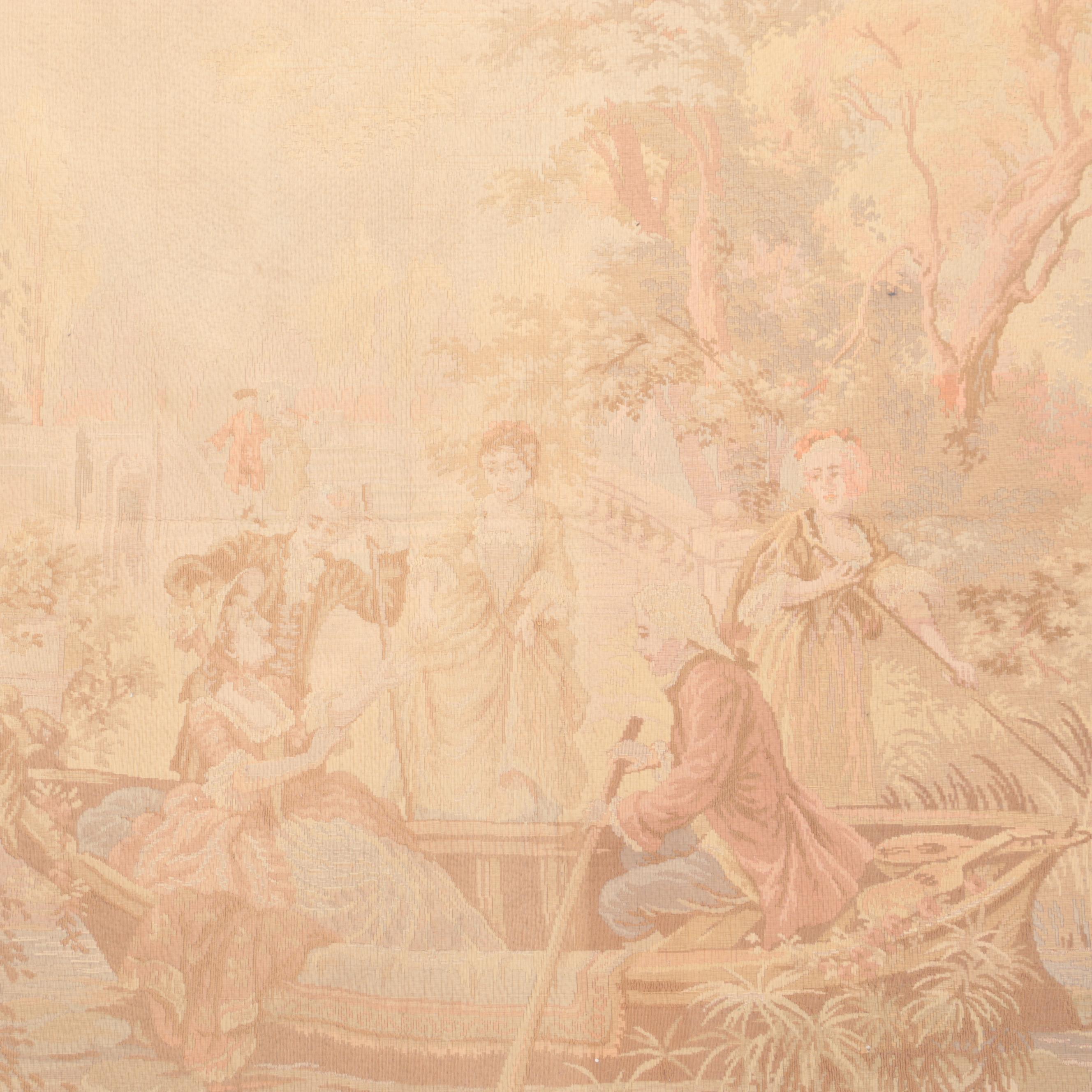 French Machine Made Woven Tapestry of Man and Woman in Boat