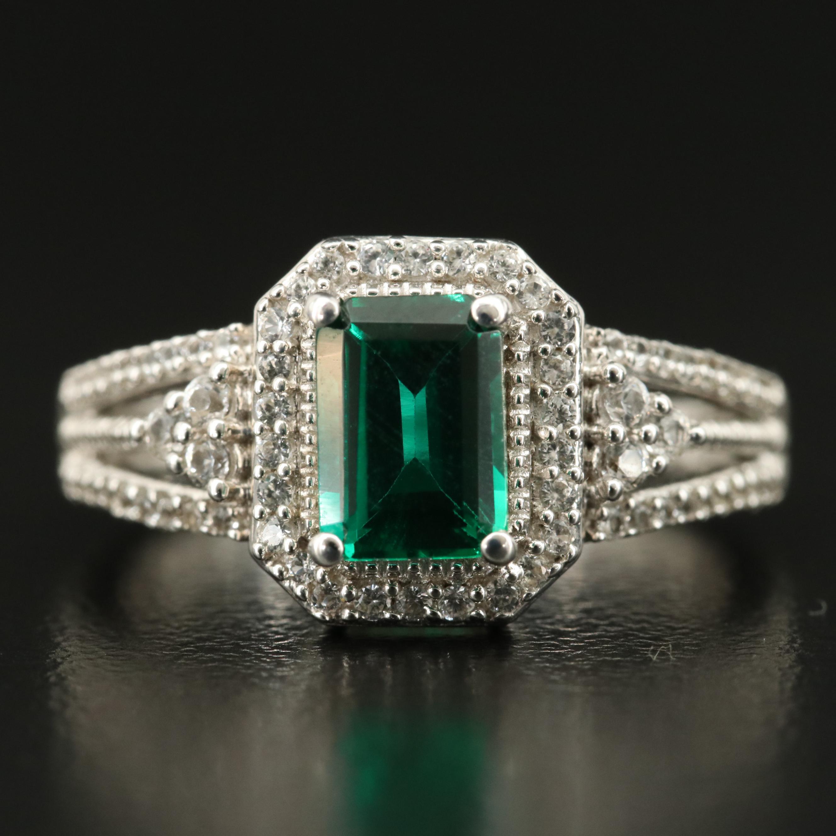 Sterling Emerald and Sapphire Halo Ring