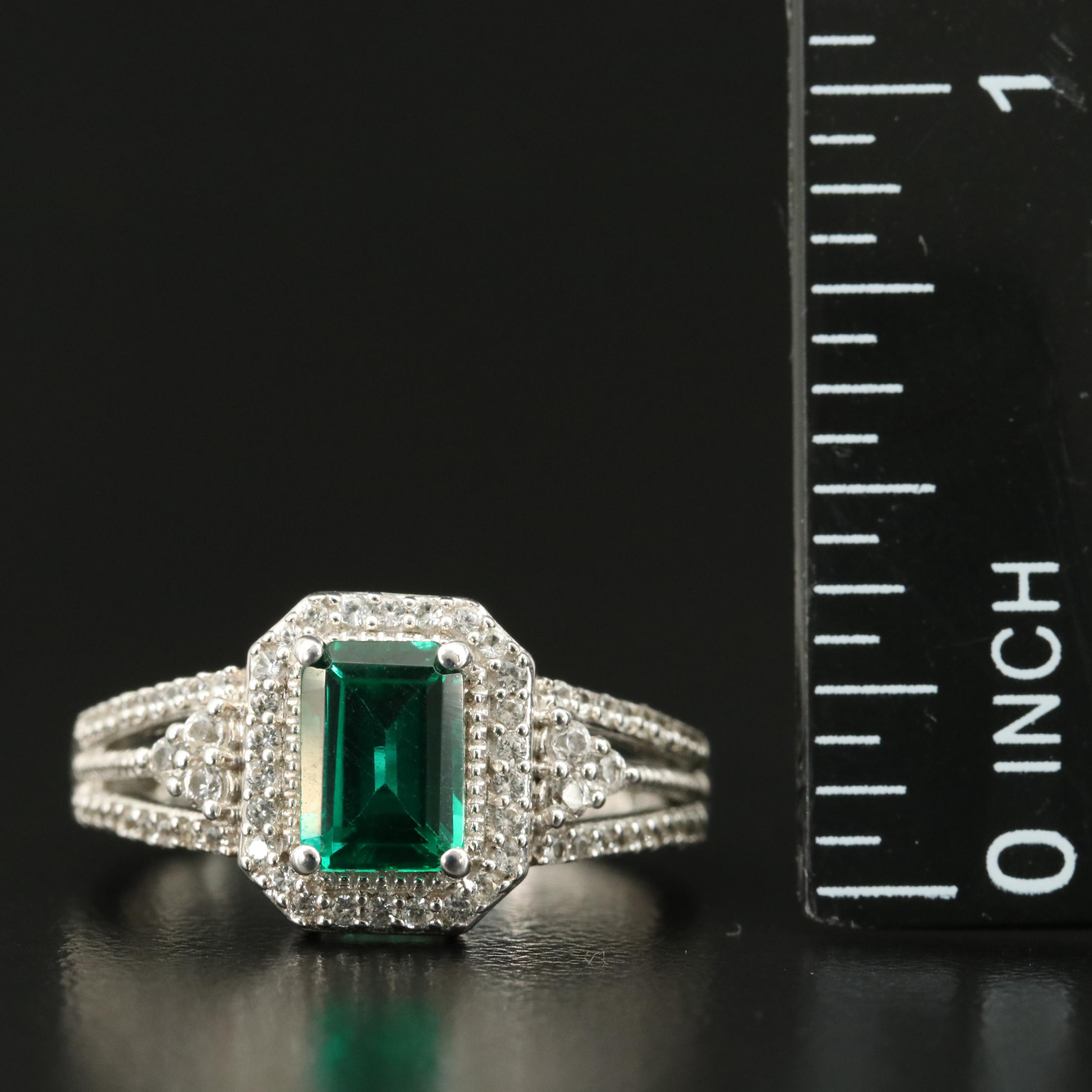 Sterling Emerald and Sapphire Halo Ring