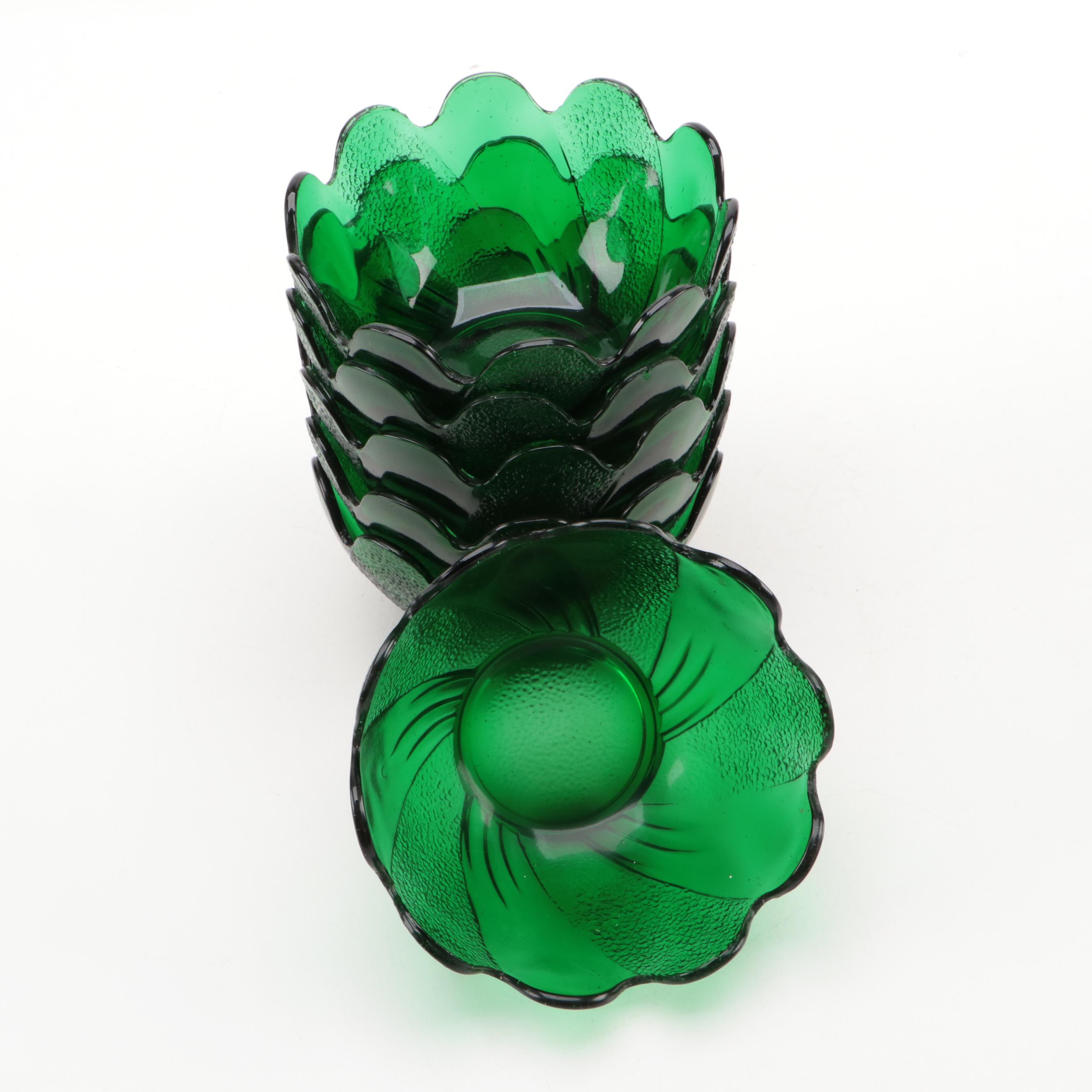 Anchor Hocking "Forest Green" Glass Blossom Bowls and Leaf Plates, 1957–1965
