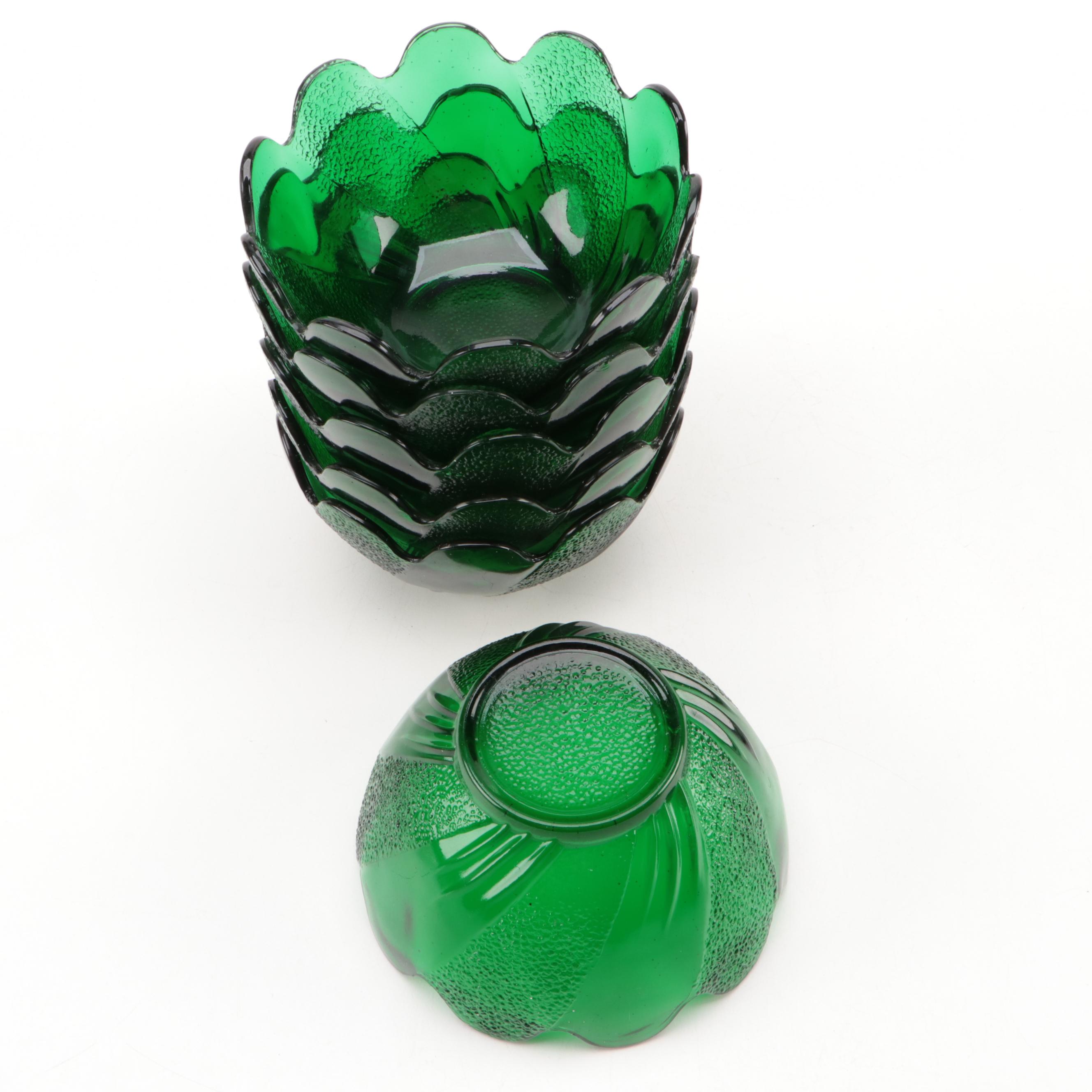 Anchor Hocking "Forest Green" Glass Blossom Bowls and Leaf Plates, 1957–1965