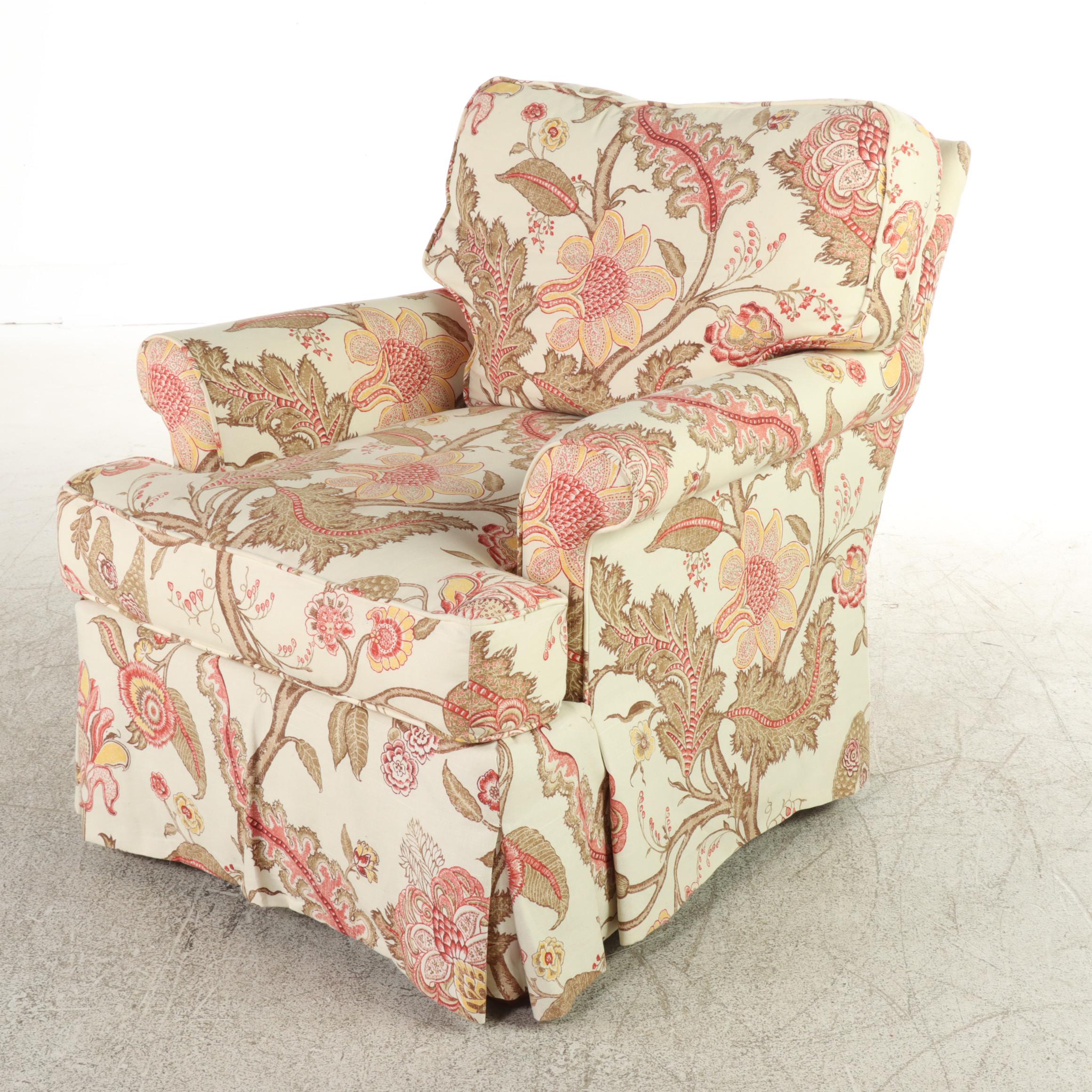 Lee Industries Custom-Upholstered Roll-Arm Armchair and Ottoman