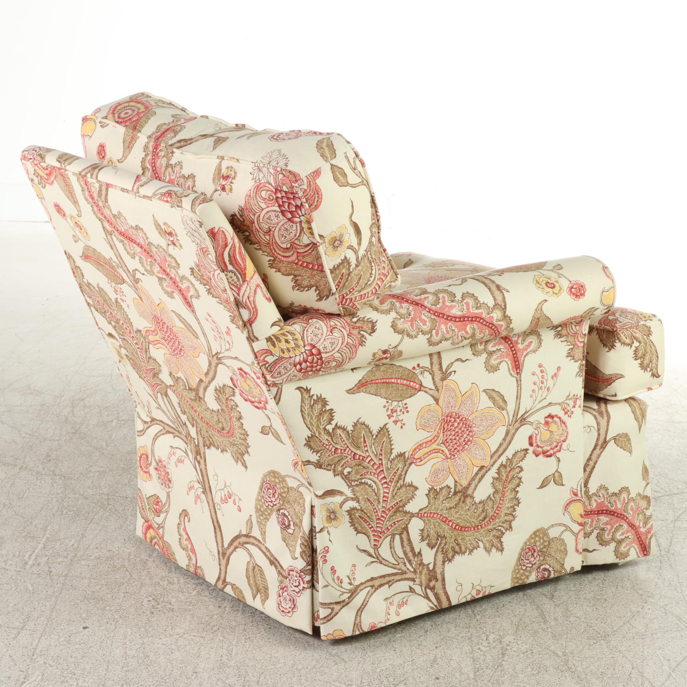 Lee Industries Custom-Upholstered Roll-Arm Armchair and Ottoman
