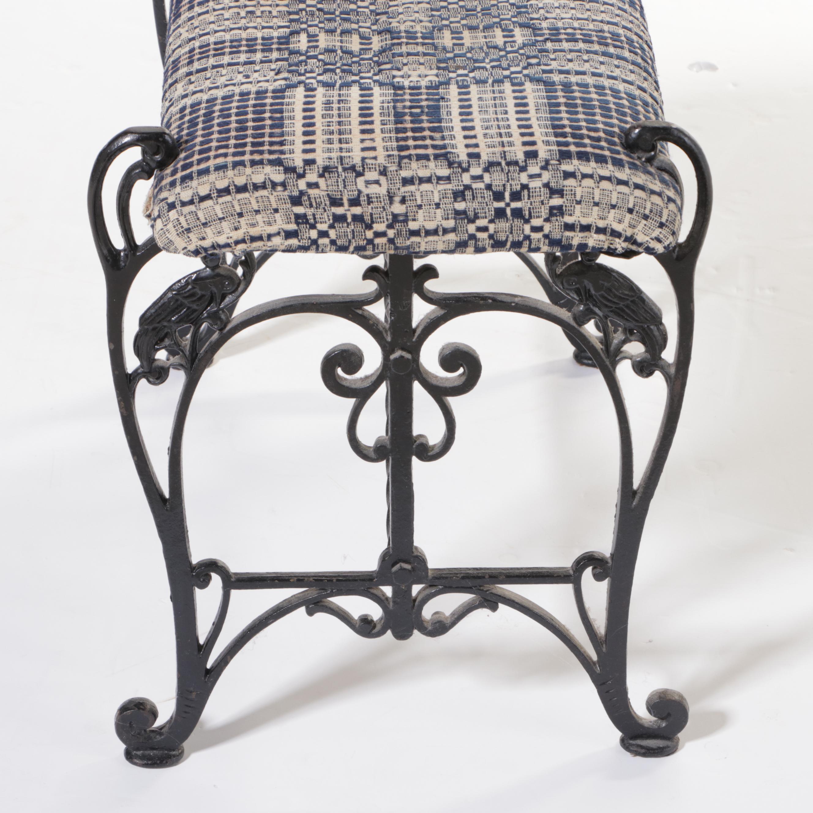 American Cast and Wrought Iron Fireside Bench with Overshot Coverlet Upholstery
