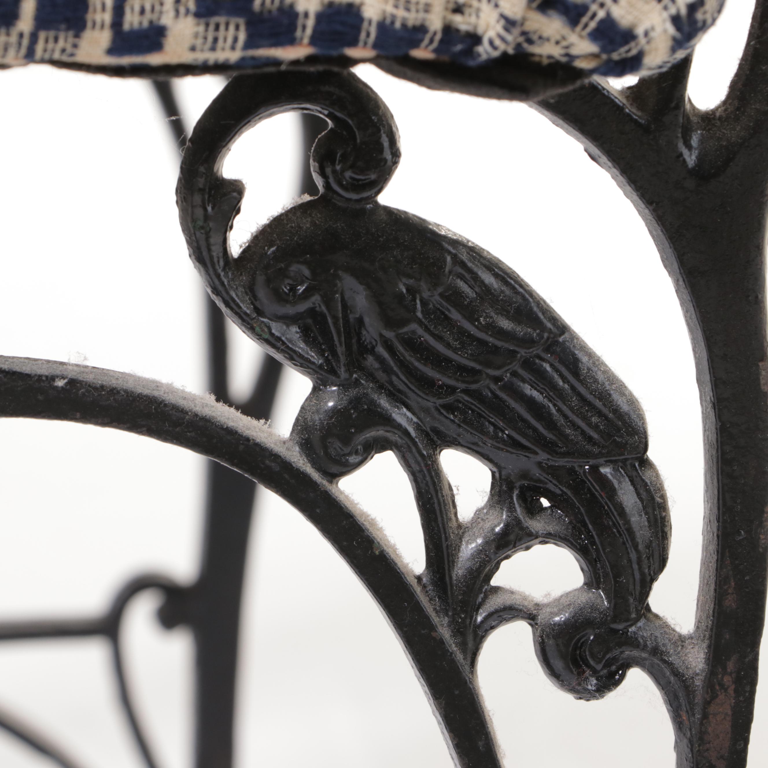 American Cast and Wrought Iron Fireside Bench with Overshot Coverlet Upholstery