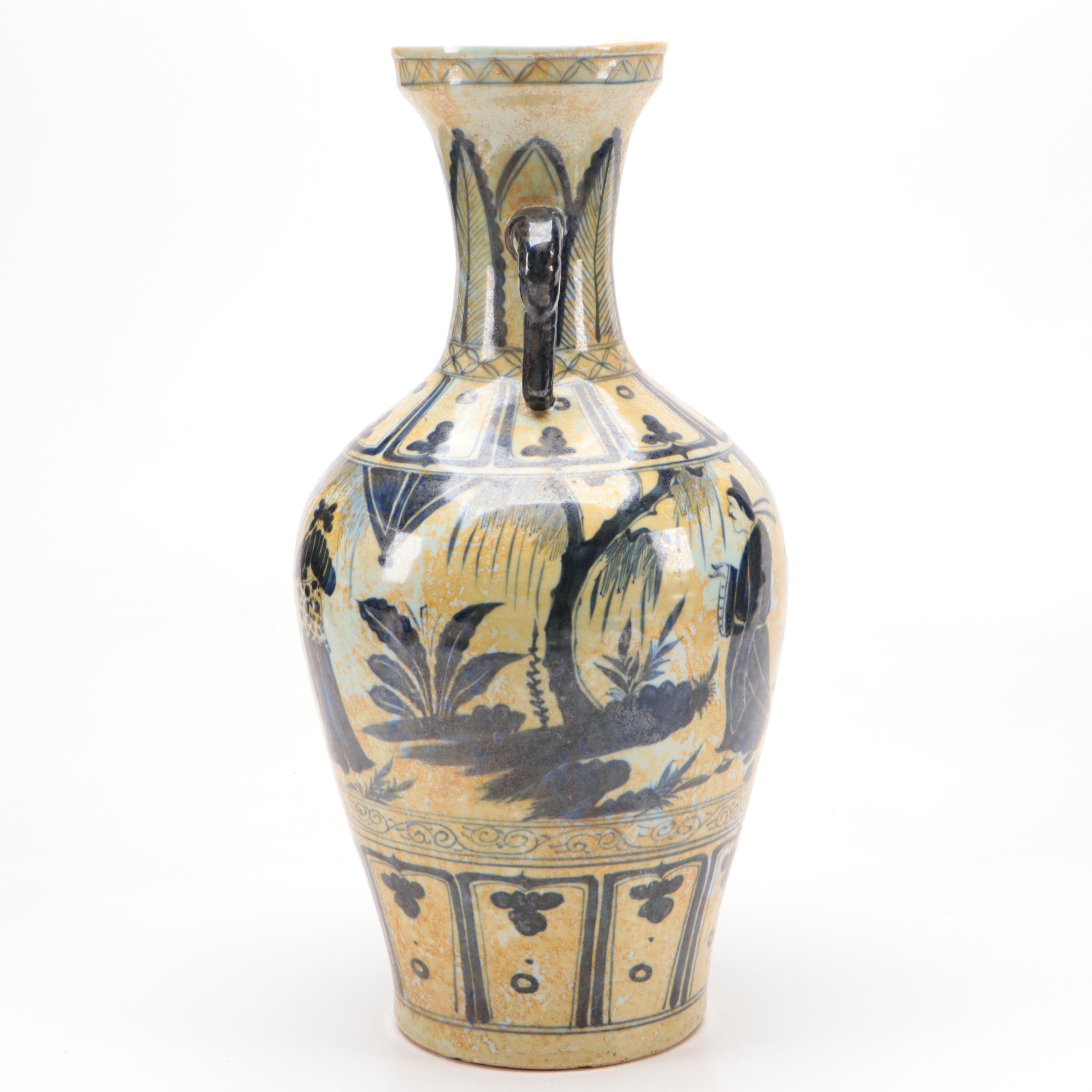 Chinese Hand-Painted Blue and White Porcelain Vase with Elephant Handles