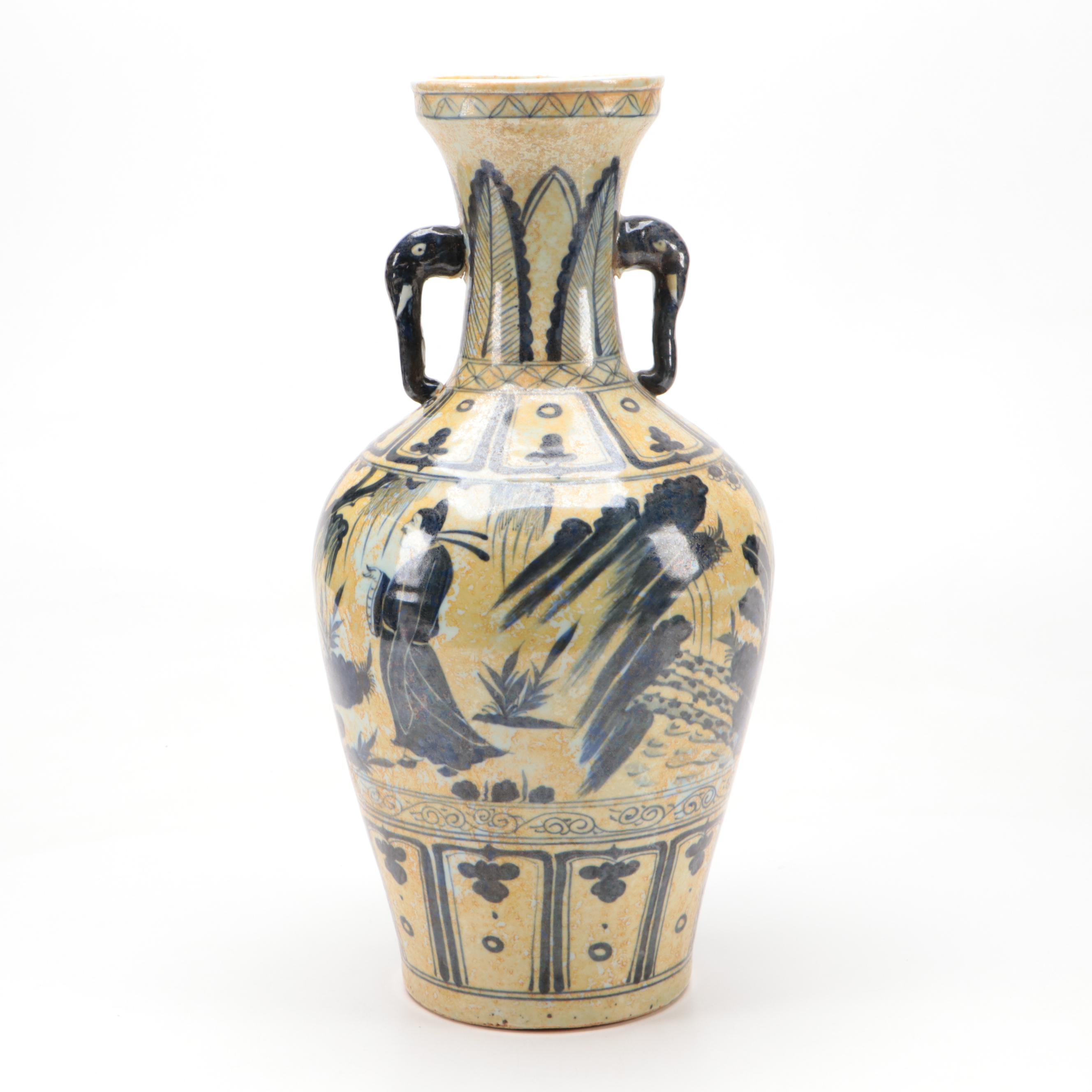 Chinese Hand-Painted Blue and White Porcelain Vase with Elephant Handles