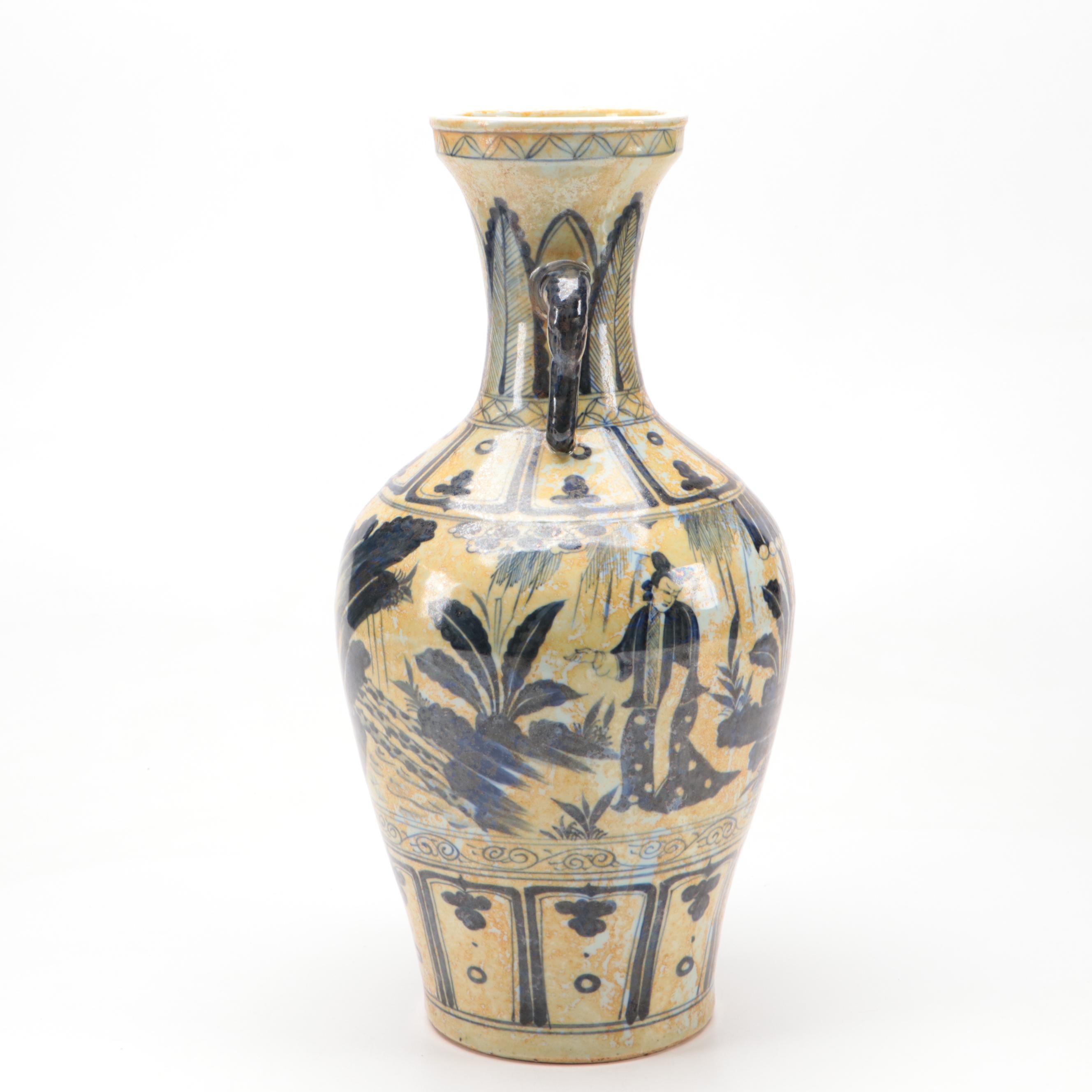 Chinese Hand-Painted Blue and White Porcelain Vase with Elephant Handles