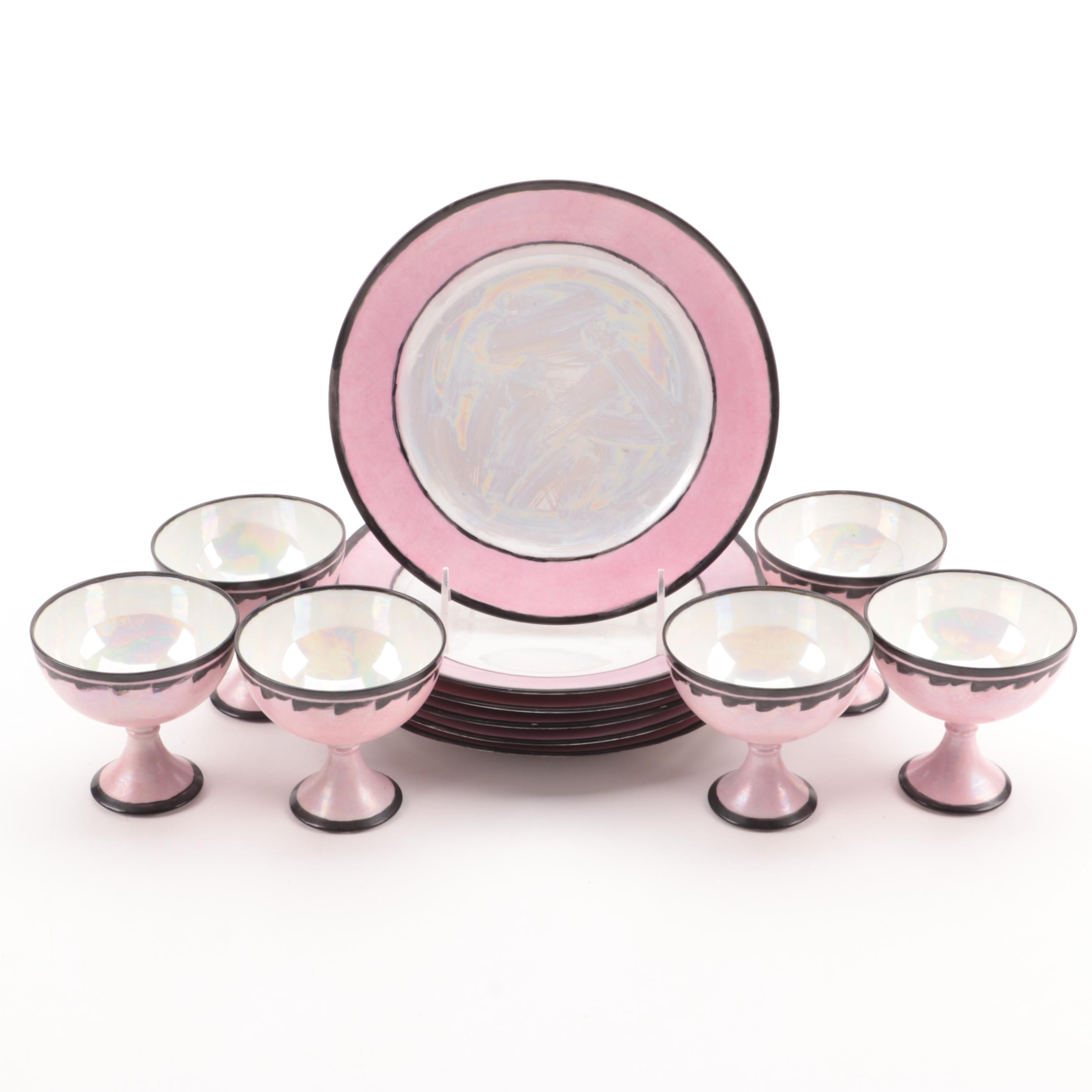 Japanese Porcelain Art Deco Style Pink Lusterware Dessert Compotes and Plates