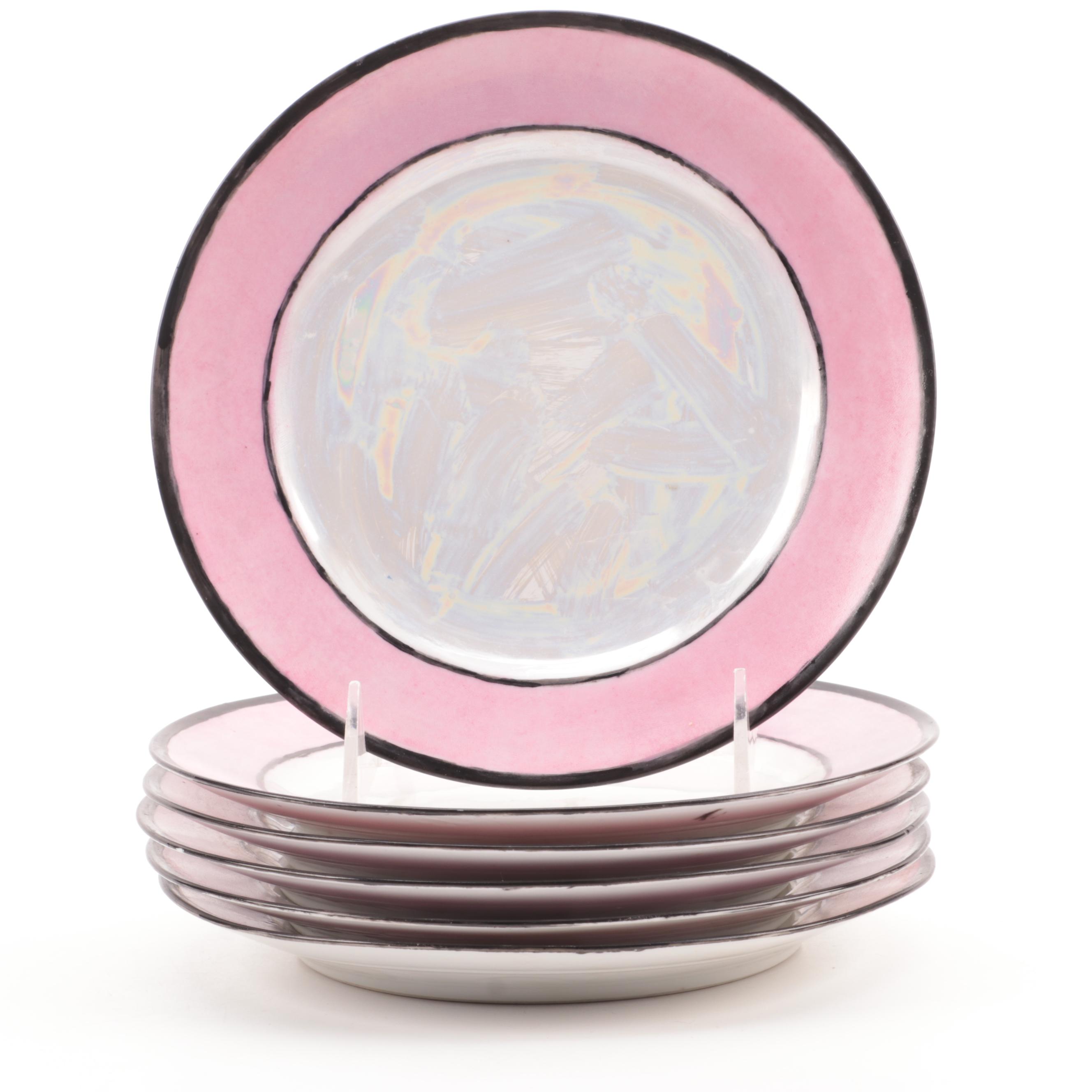 Japanese Porcelain Art Deco Style Pink Lusterware Dessert Compotes and Plates