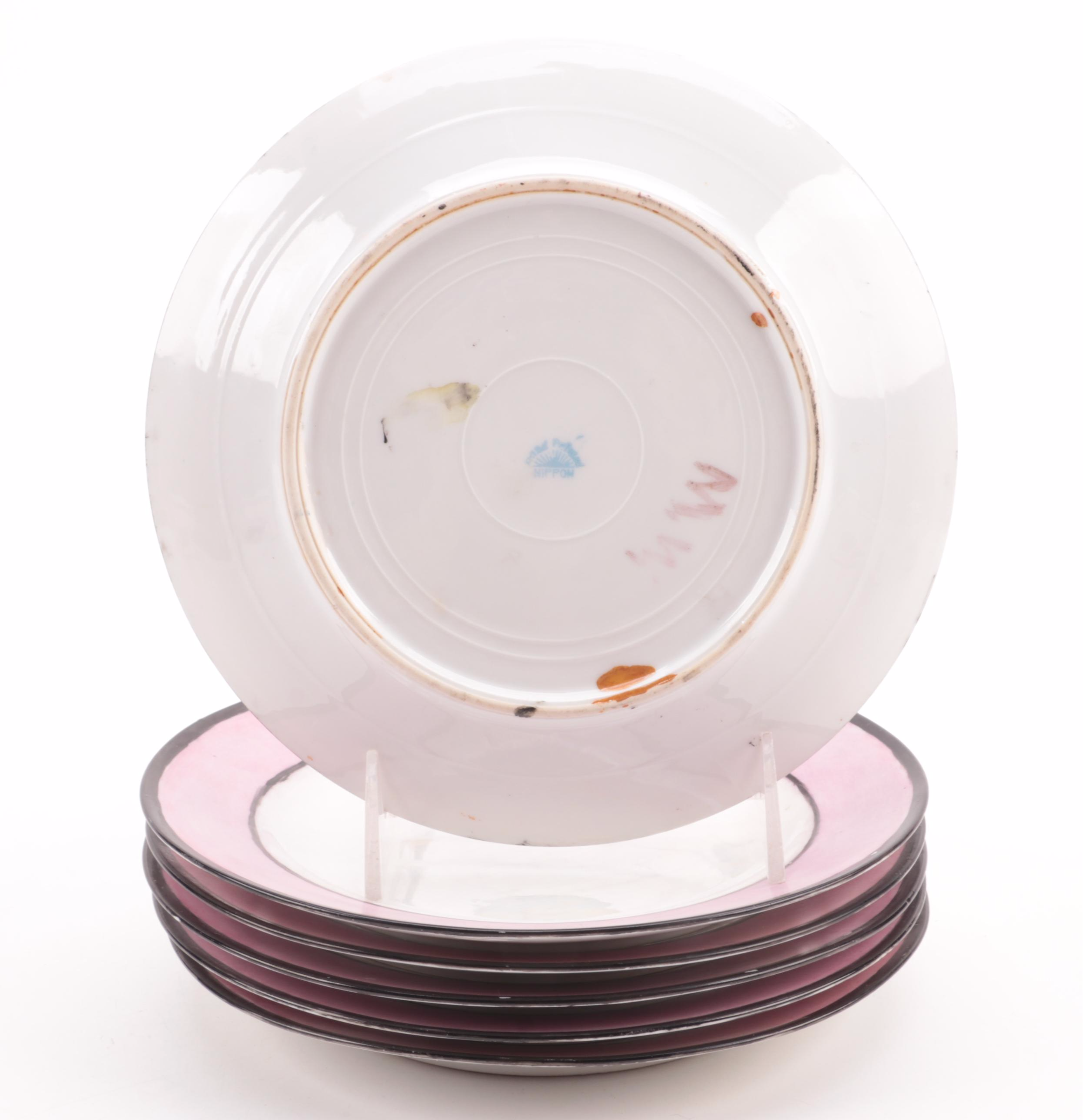 Japanese Porcelain Art Deco Style Pink Lusterware Dessert Compotes and Plates