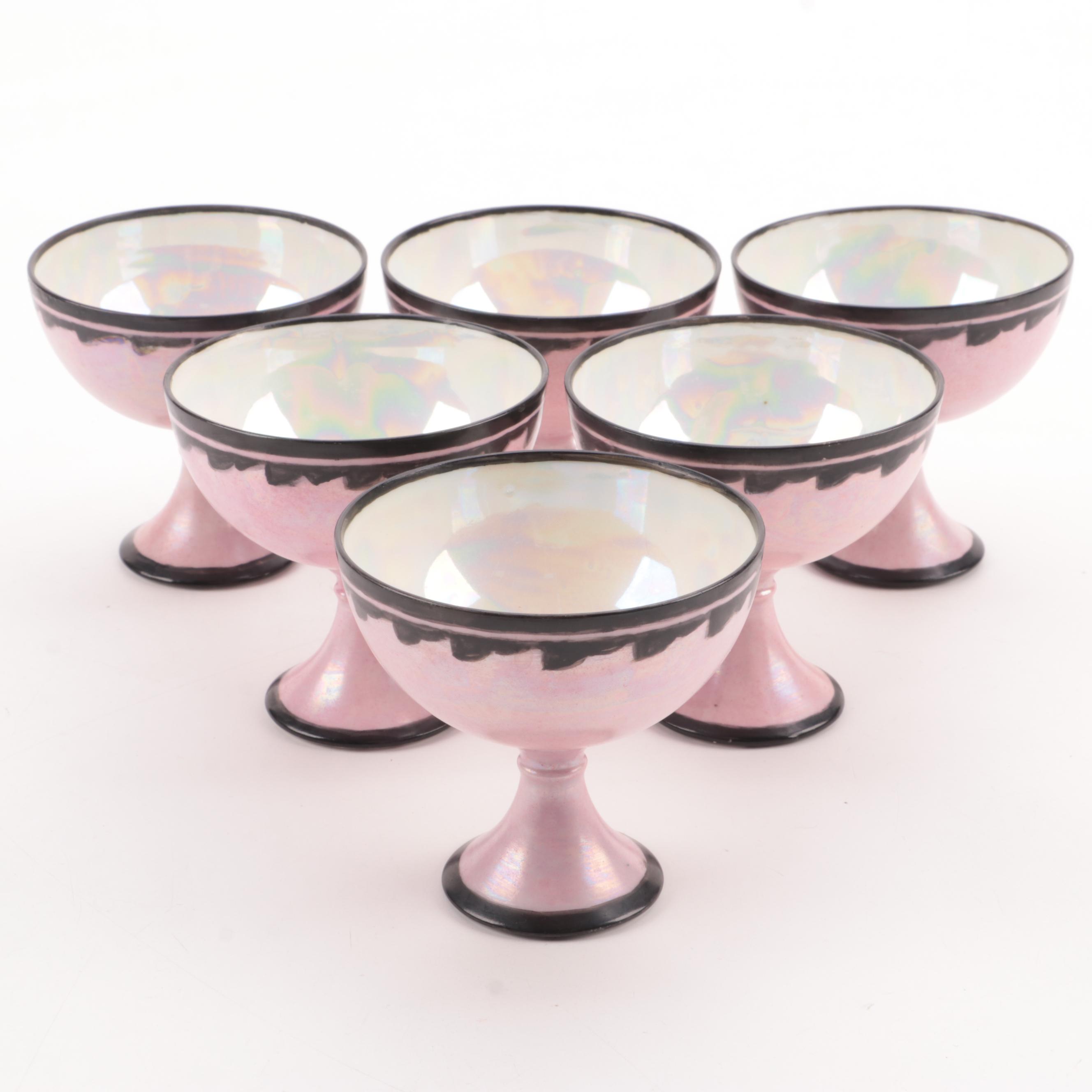 Japanese Porcelain Art Deco Style Pink Lusterware Dessert Compotes and Plates