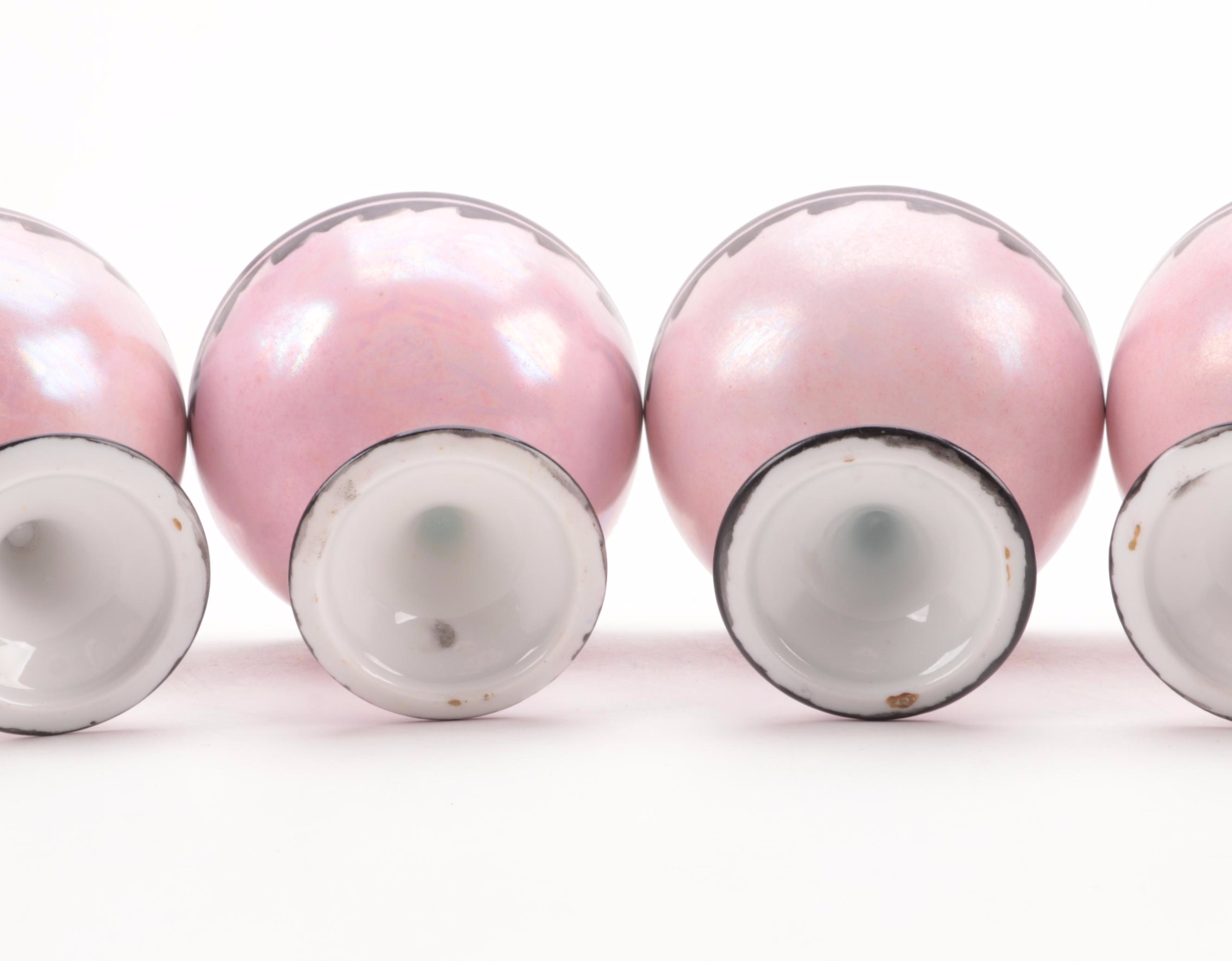 Japanese Porcelain Art Deco Style Pink Lusterware Dessert Compotes and Plates