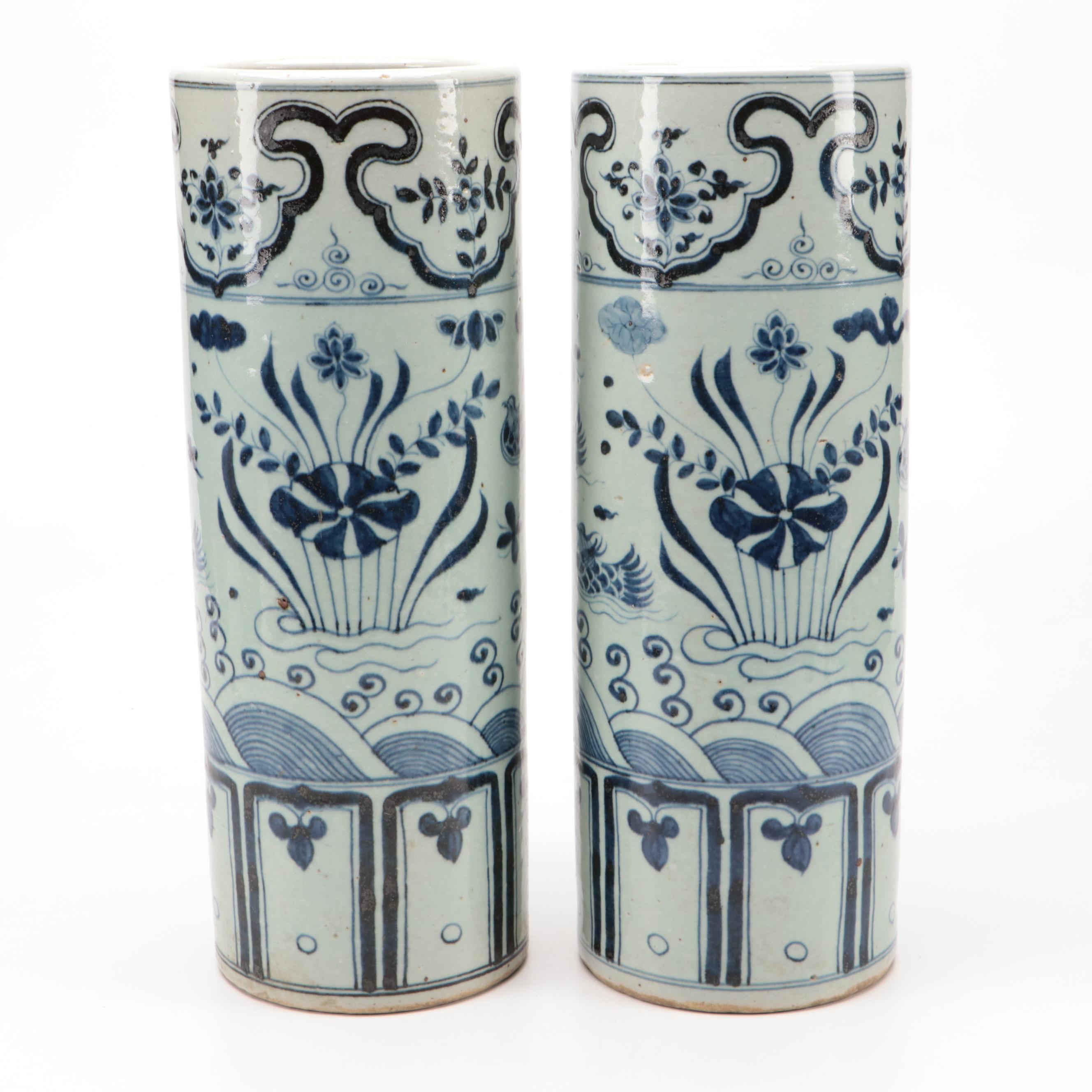 Pair of Chinese Blue and White Hand-Painted Porcelain Umbrella Stands