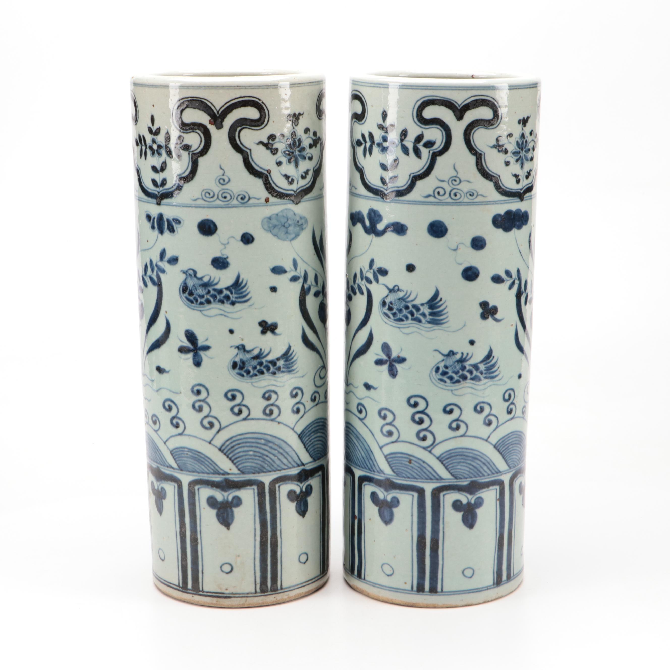 Pair of Chinese Blue and White Hand-Painted Porcelain Umbrella Stands