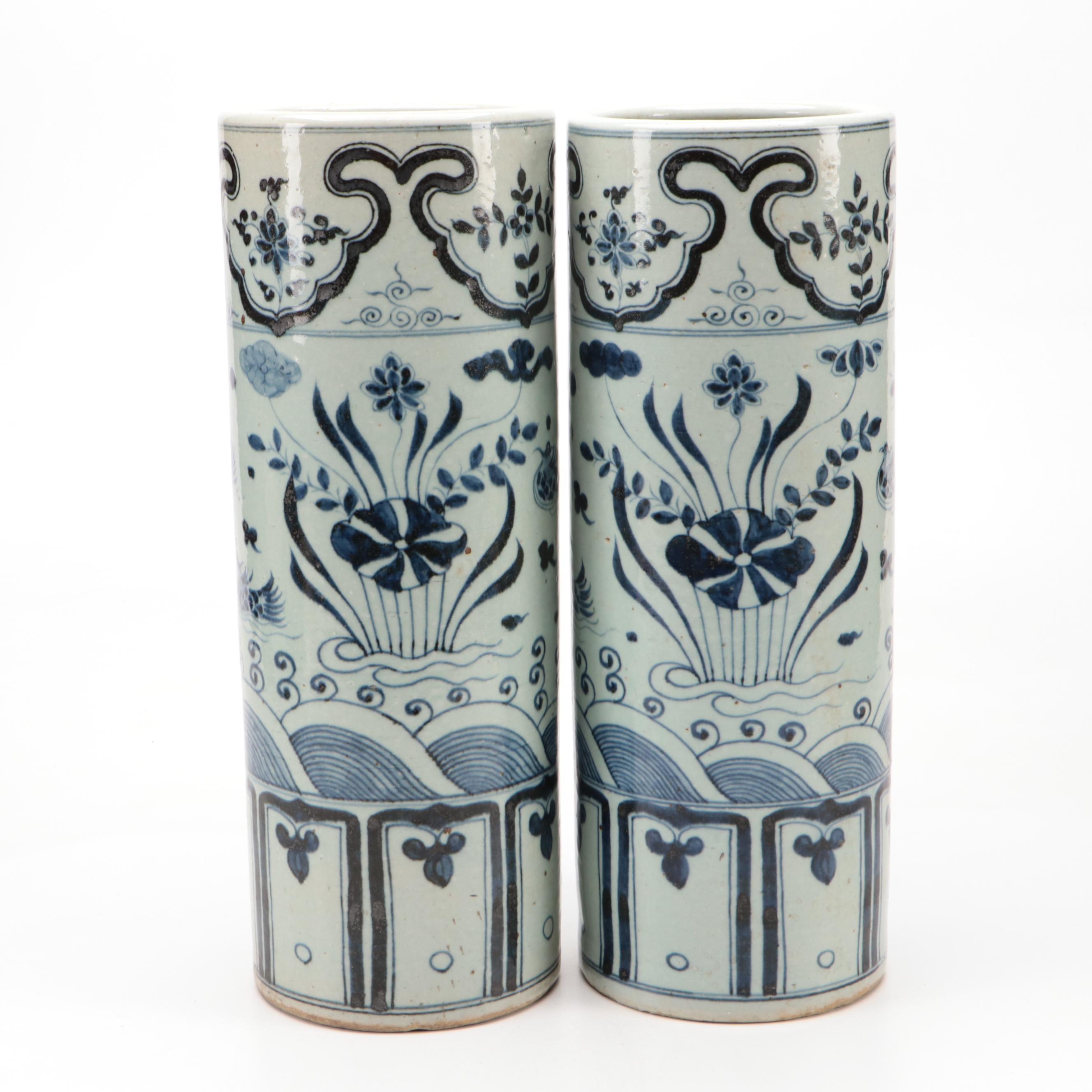 Pair of Chinese Blue and White Hand-Painted Porcelain Umbrella Stands