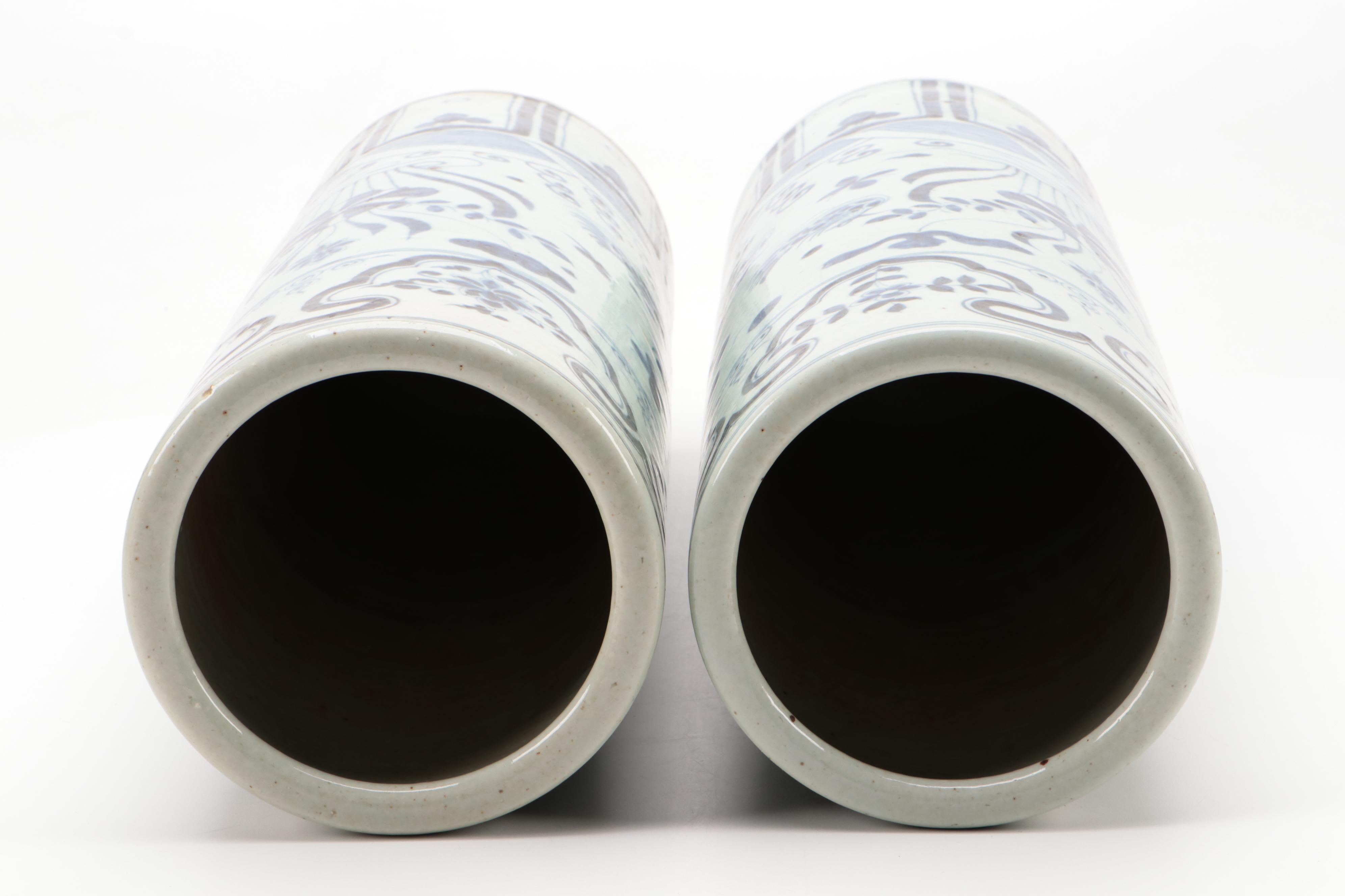 Pair of Chinese Blue and White Hand-Painted Porcelain Umbrella Stands