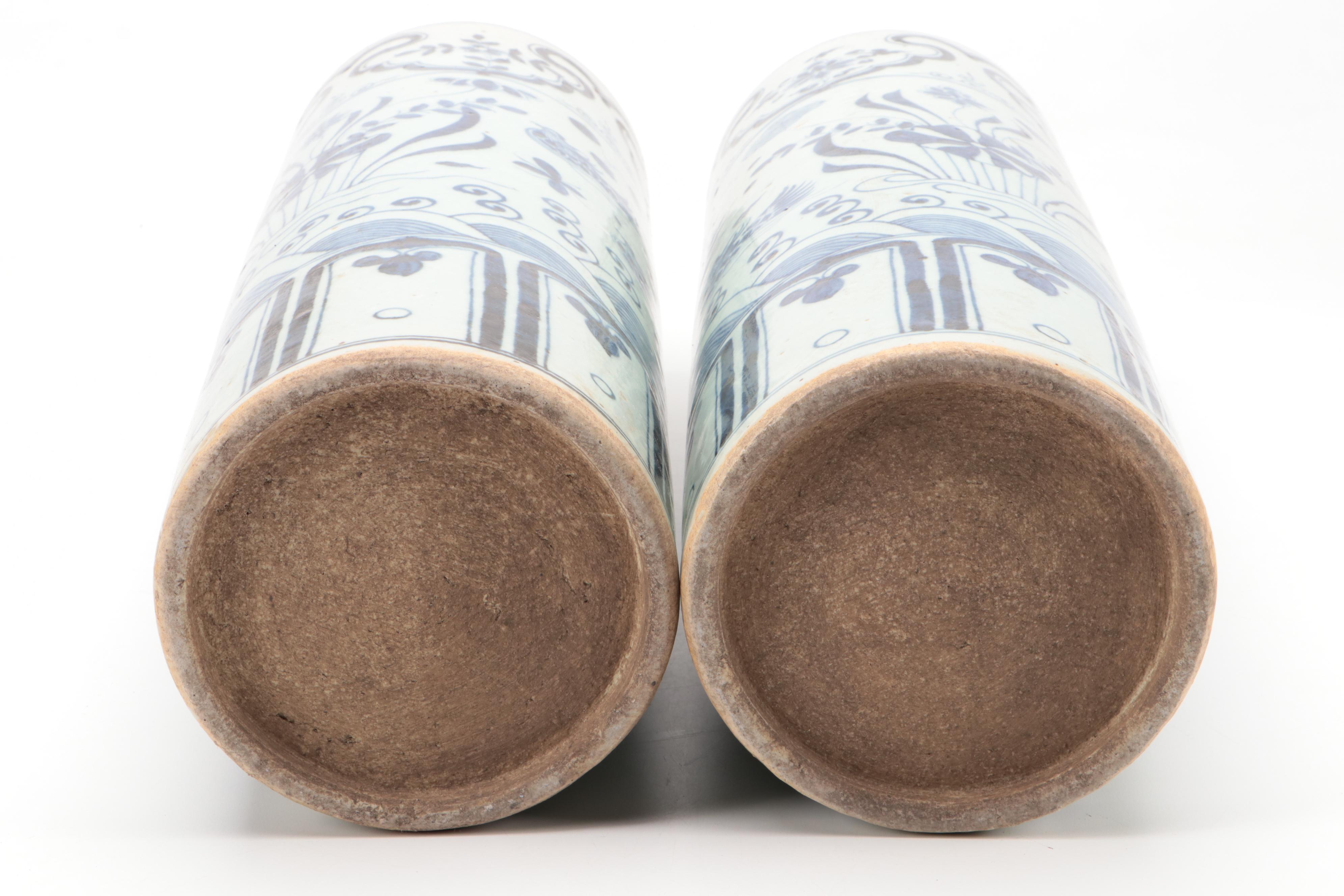 Pair of Chinese Blue and White Hand-Painted Porcelain Umbrella Stands