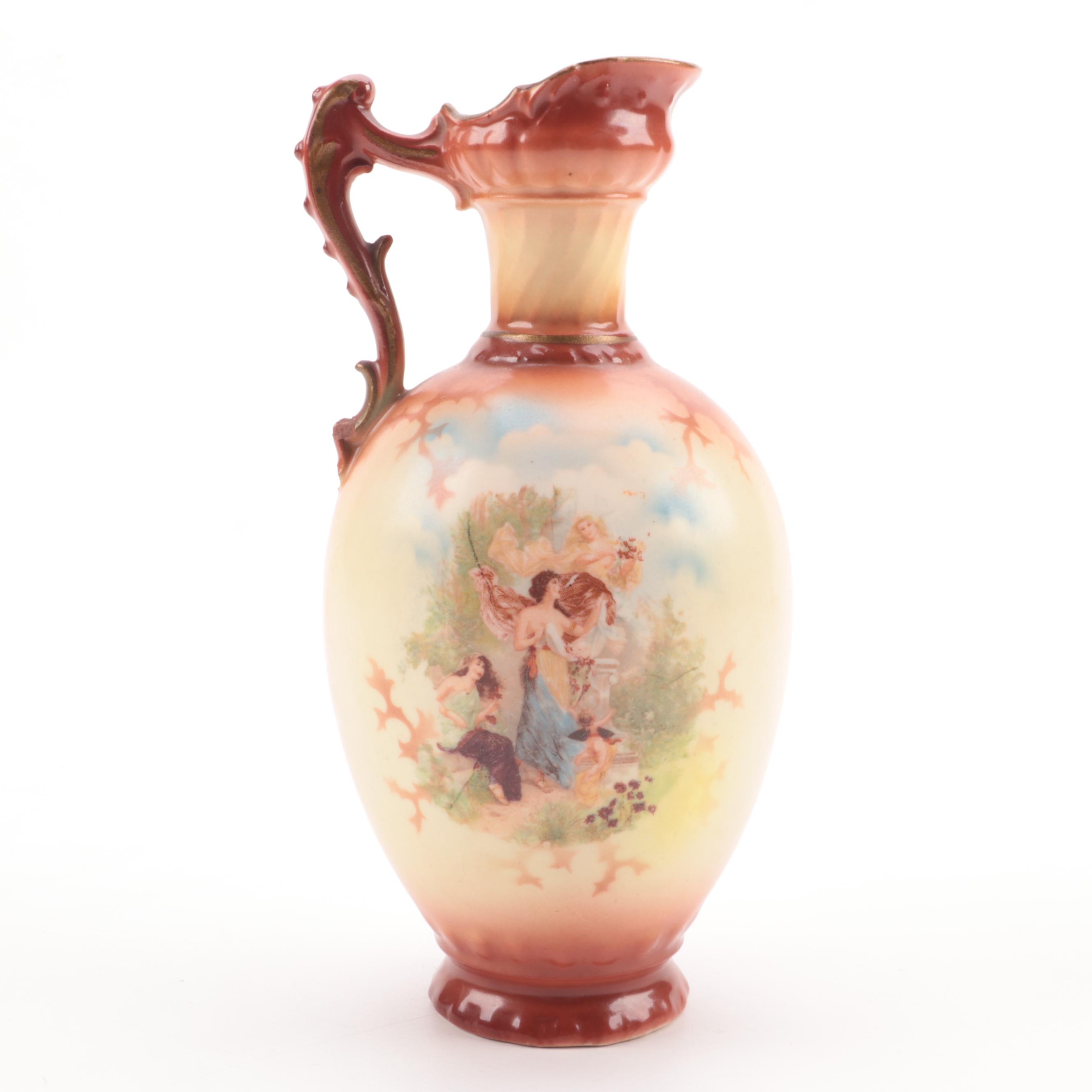 Czechoslovakian Ceramic Ewer Pitcher with Victorian Bisque Figurine