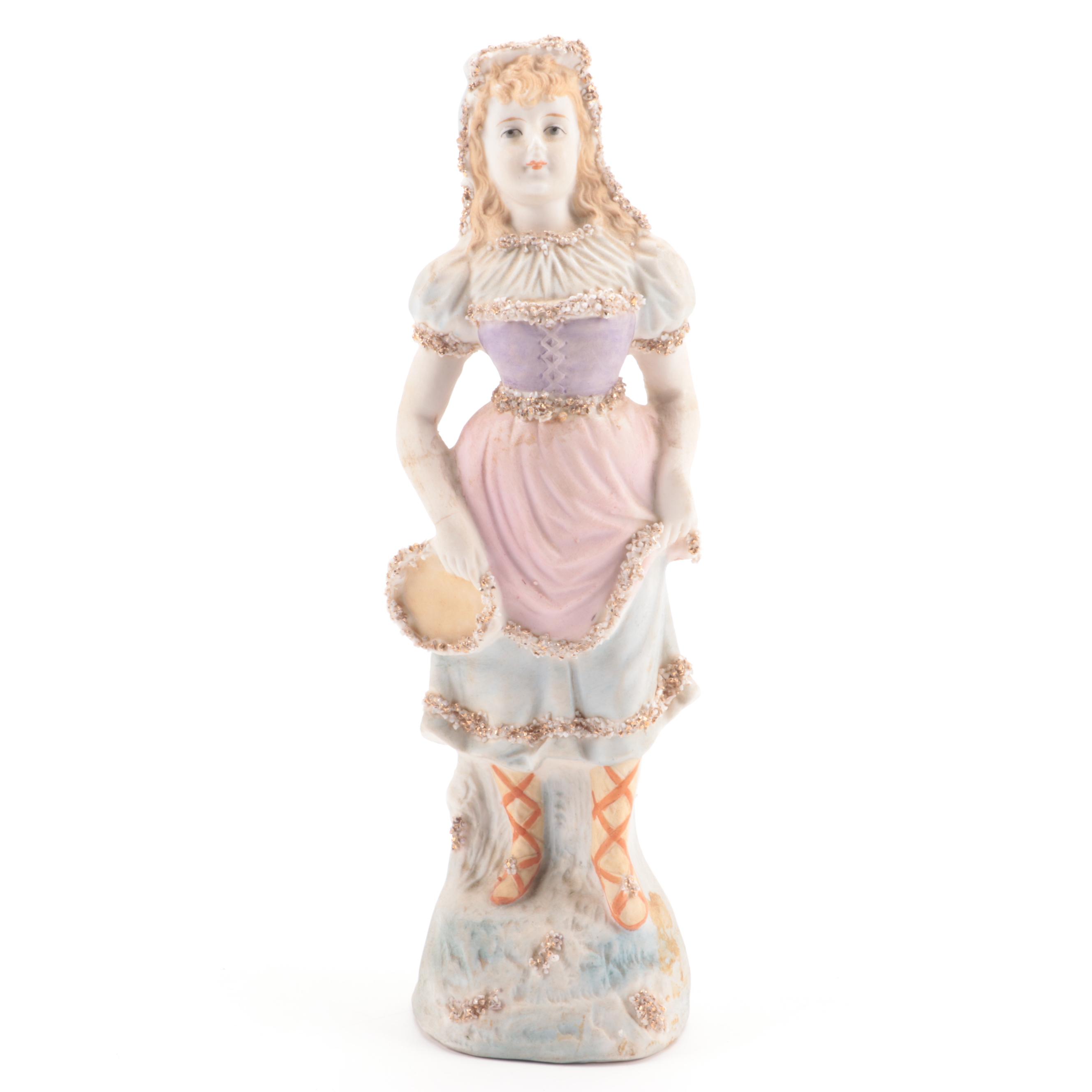 Czechoslovakian Ceramic Ewer Pitcher with Victorian Bisque Figurine