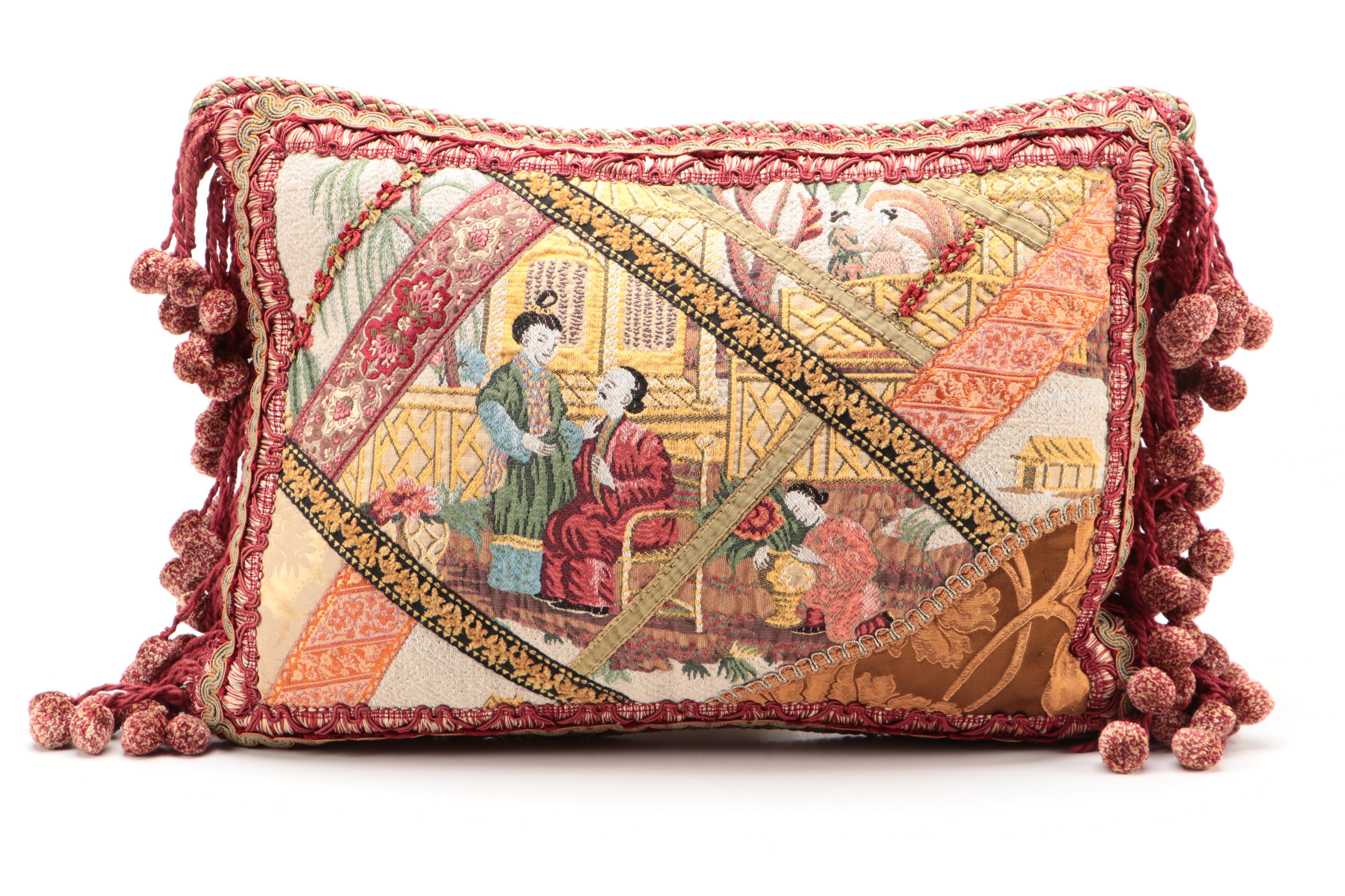 Chinoiserie Style Fringed Woven Accent Pillow and Printed Throw Pillows