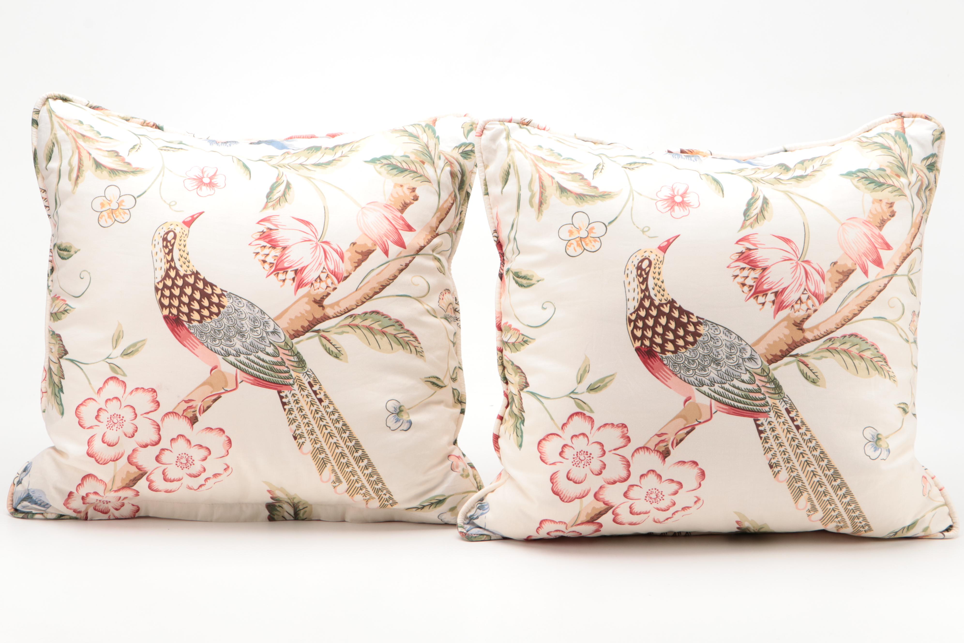 Chinoiserie Style Fringed Woven Accent Pillow and Printed Throw Pillows