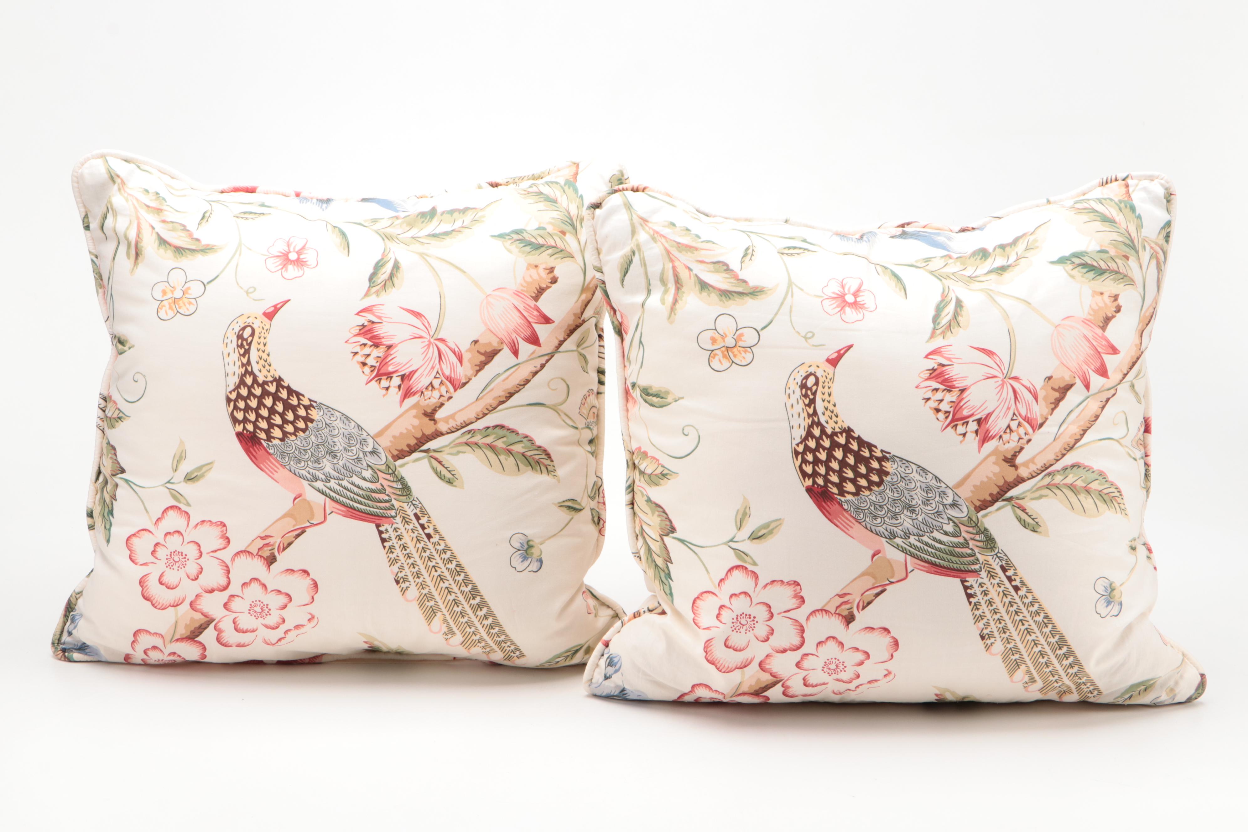 Chinoiserie Style Fringed Woven Accent Pillow and Printed Throw Pillows