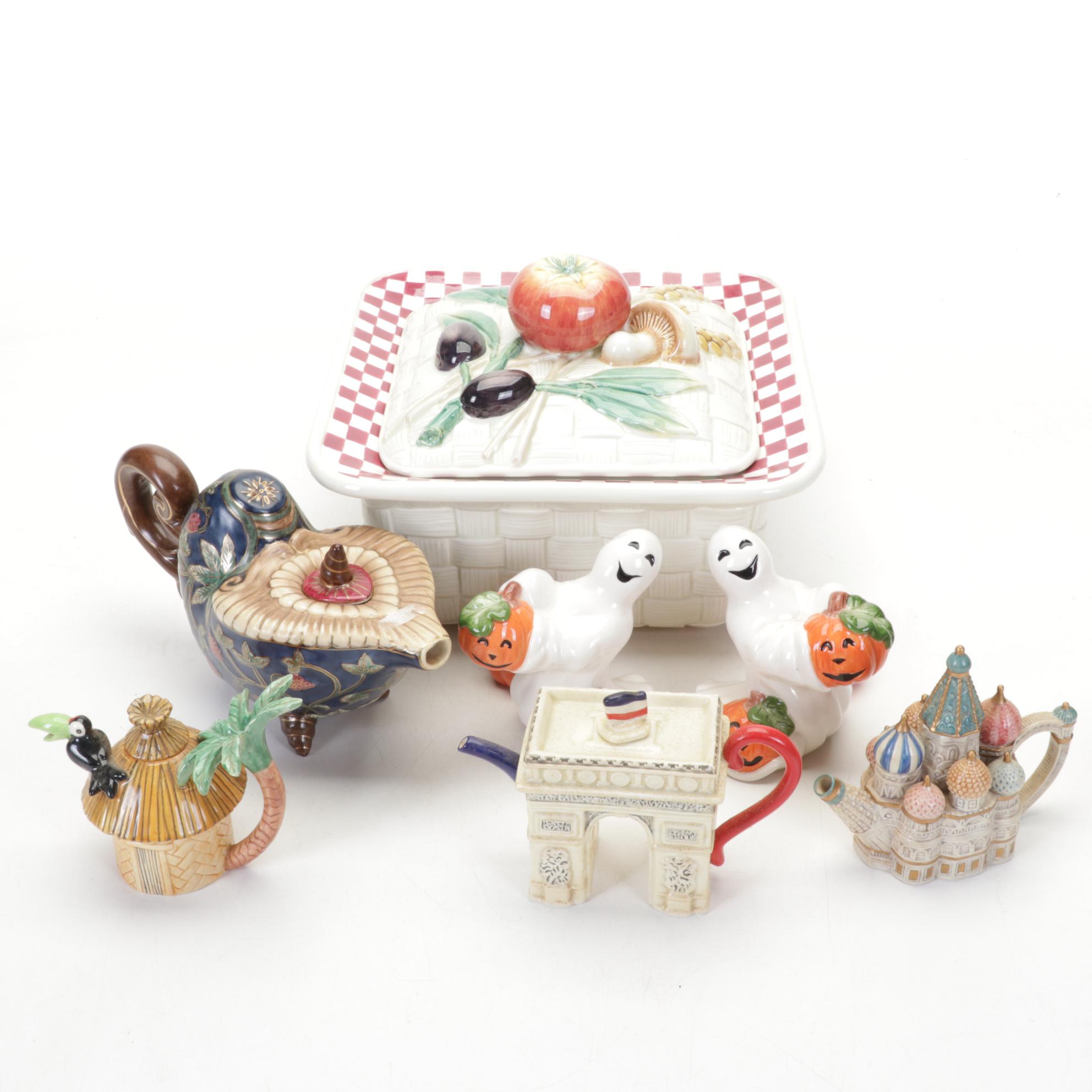 Fitz and Floyd Lidded Casserole, Teapots and Figurines