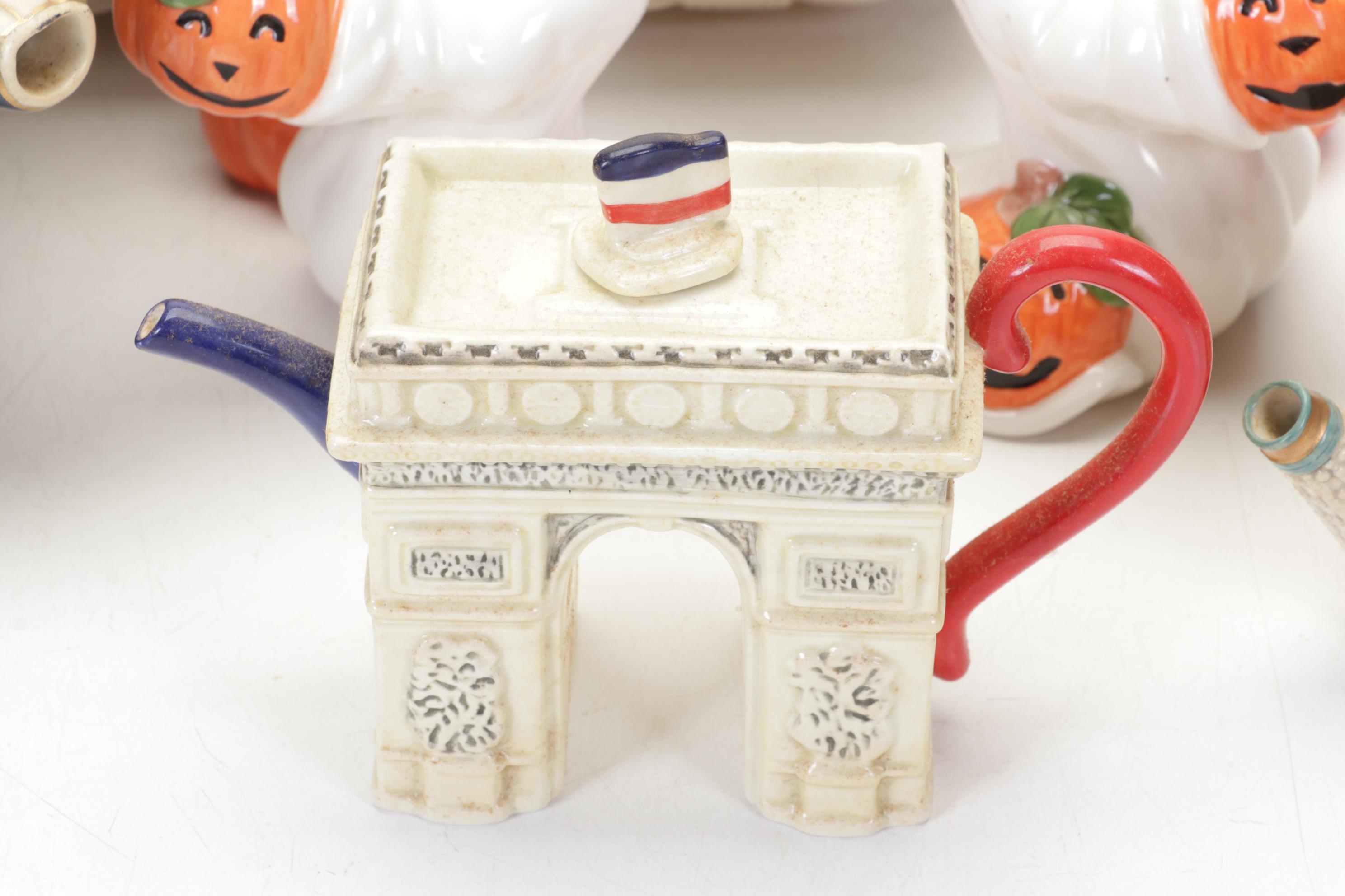 Fitz and Floyd Lidded Casserole, Teapots and Figurines