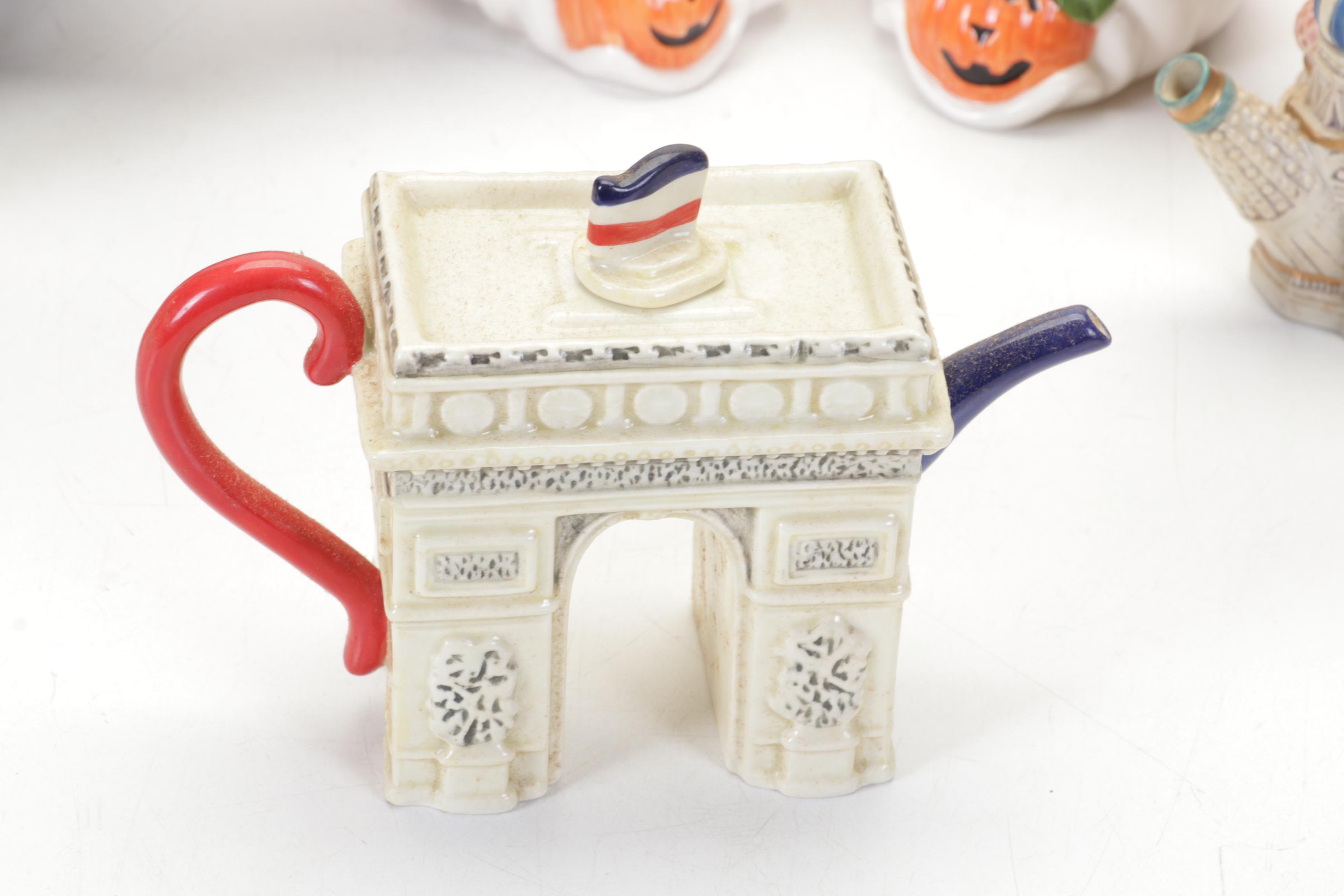 Fitz and Floyd Lidded Casserole, Teapots and Figurines