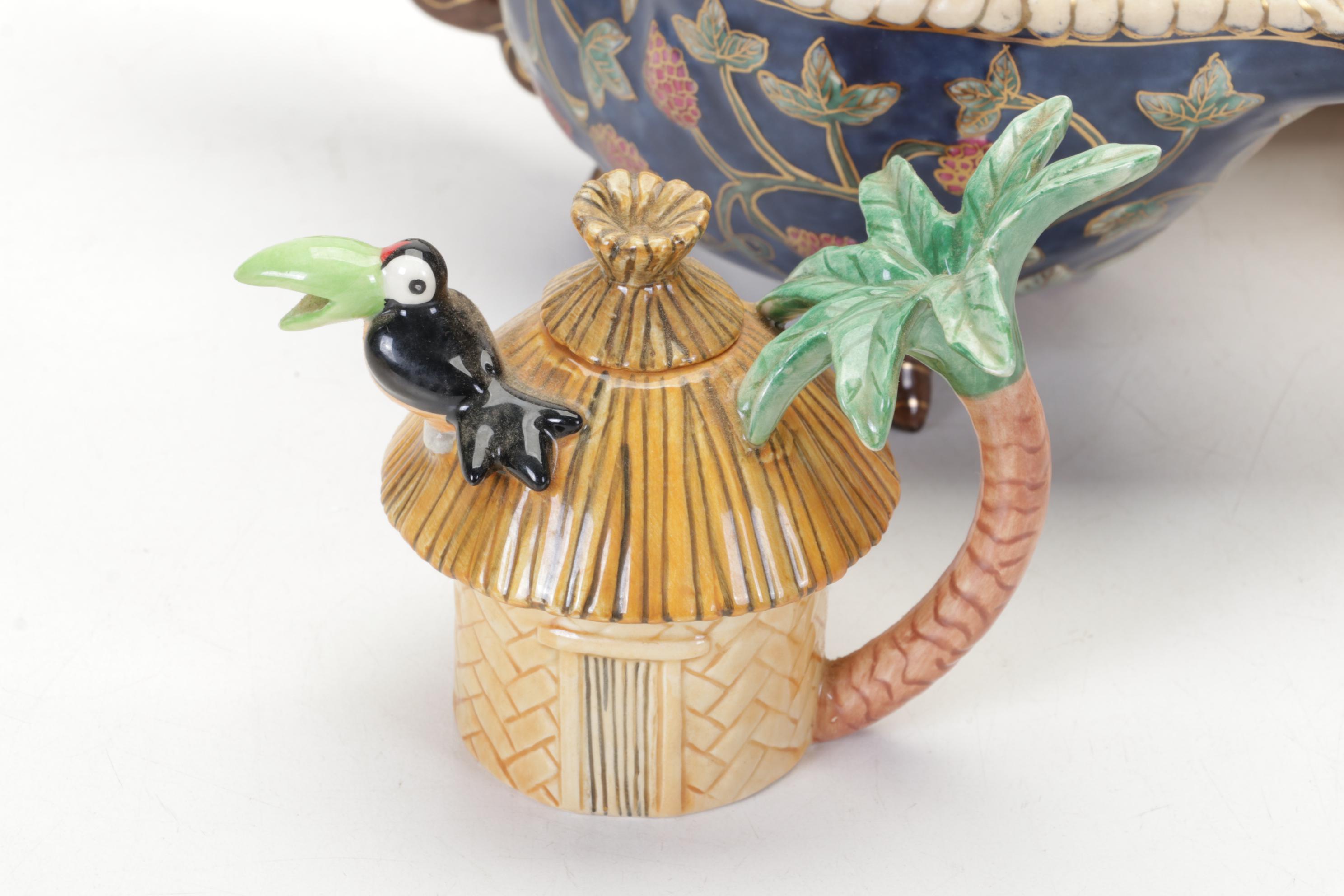 Fitz and Floyd Lidded Casserole, Teapots and Figurines