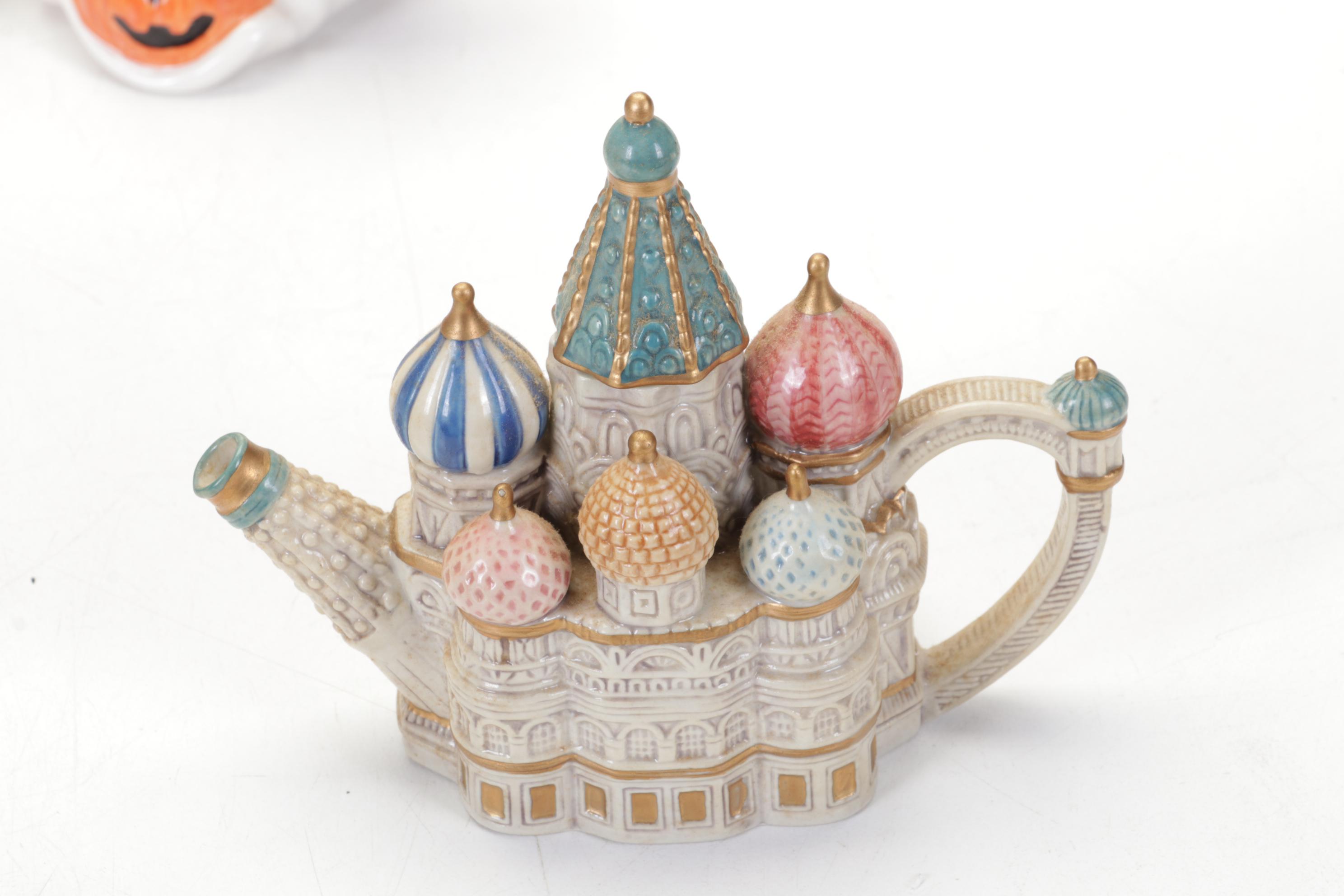 Fitz and Floyd Lidded Casserole, Teapots and Figurines