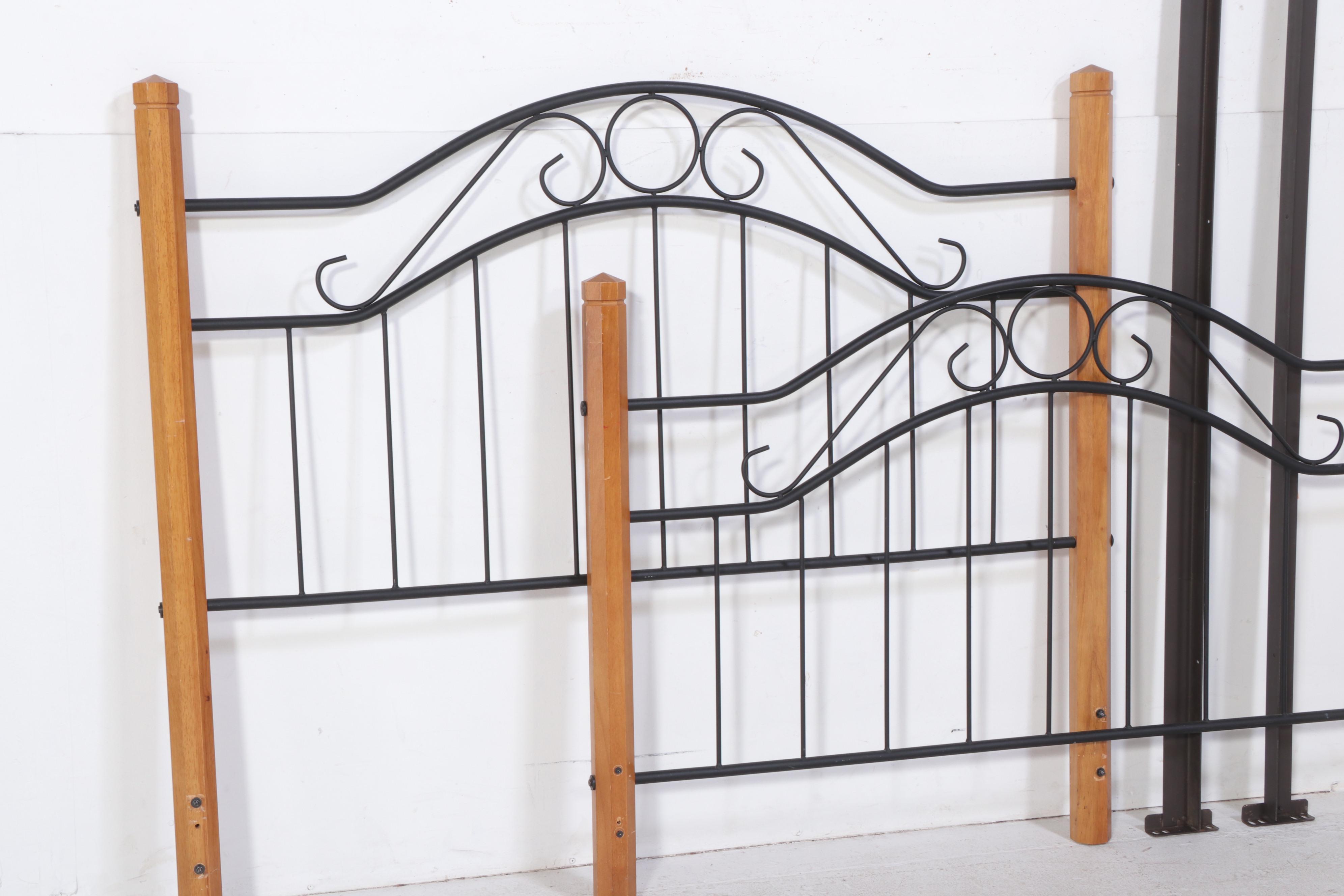 Patinated Metal and Hardwood Queen Size Bed Frame