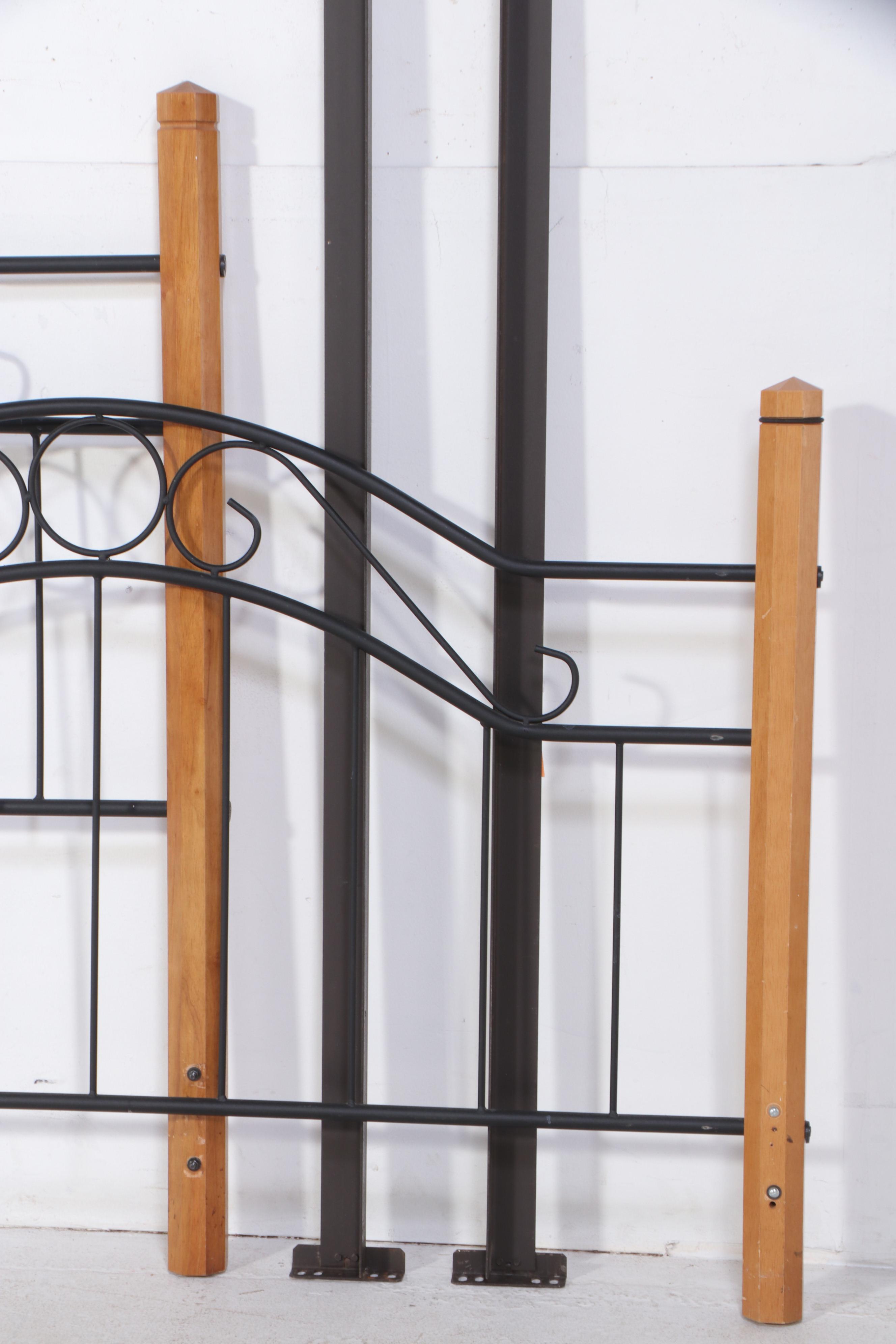 Patinated Metal and Hardwood Queen Size Bed Frame