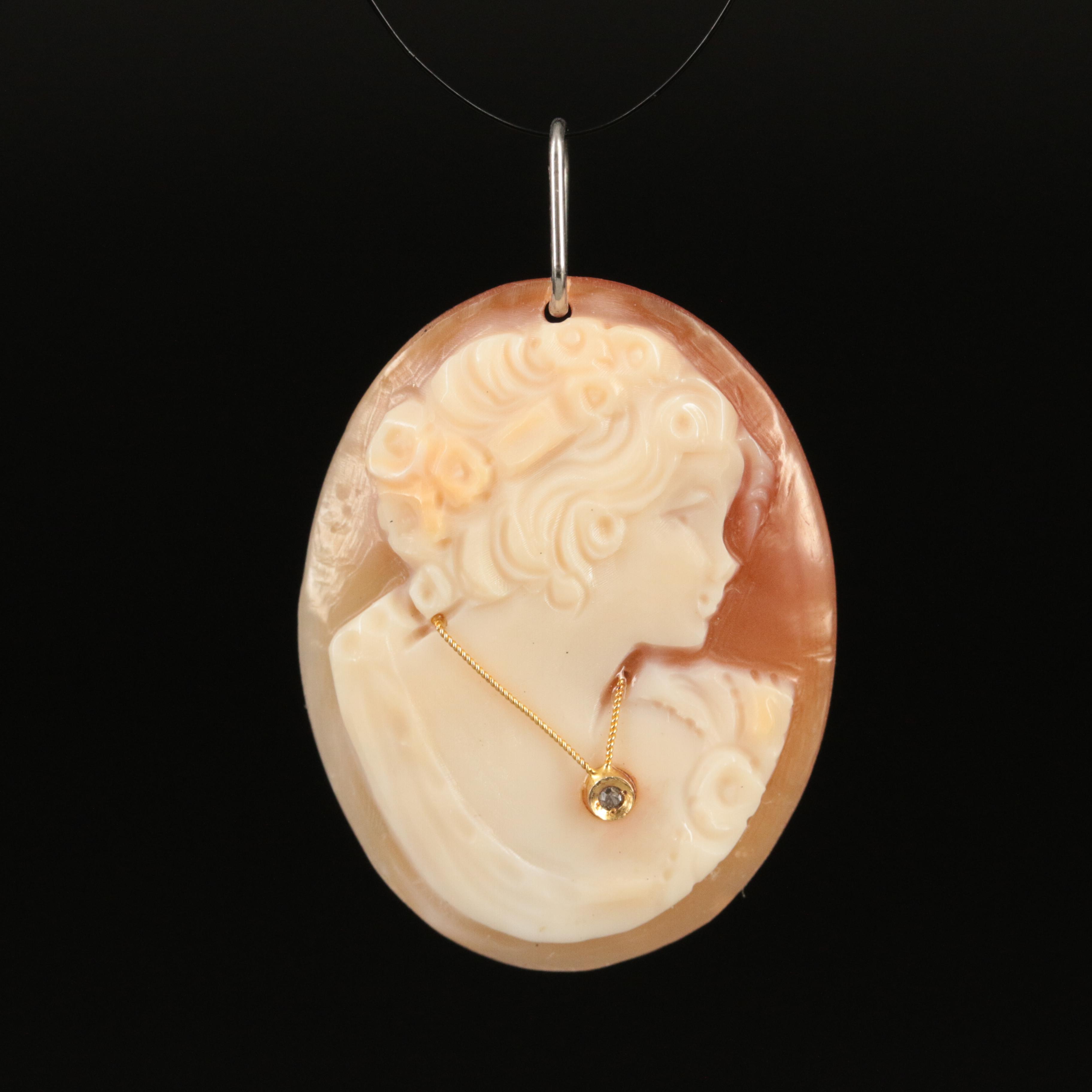 14K Shell and Diamond Habillé Pendant with Platinum Bail