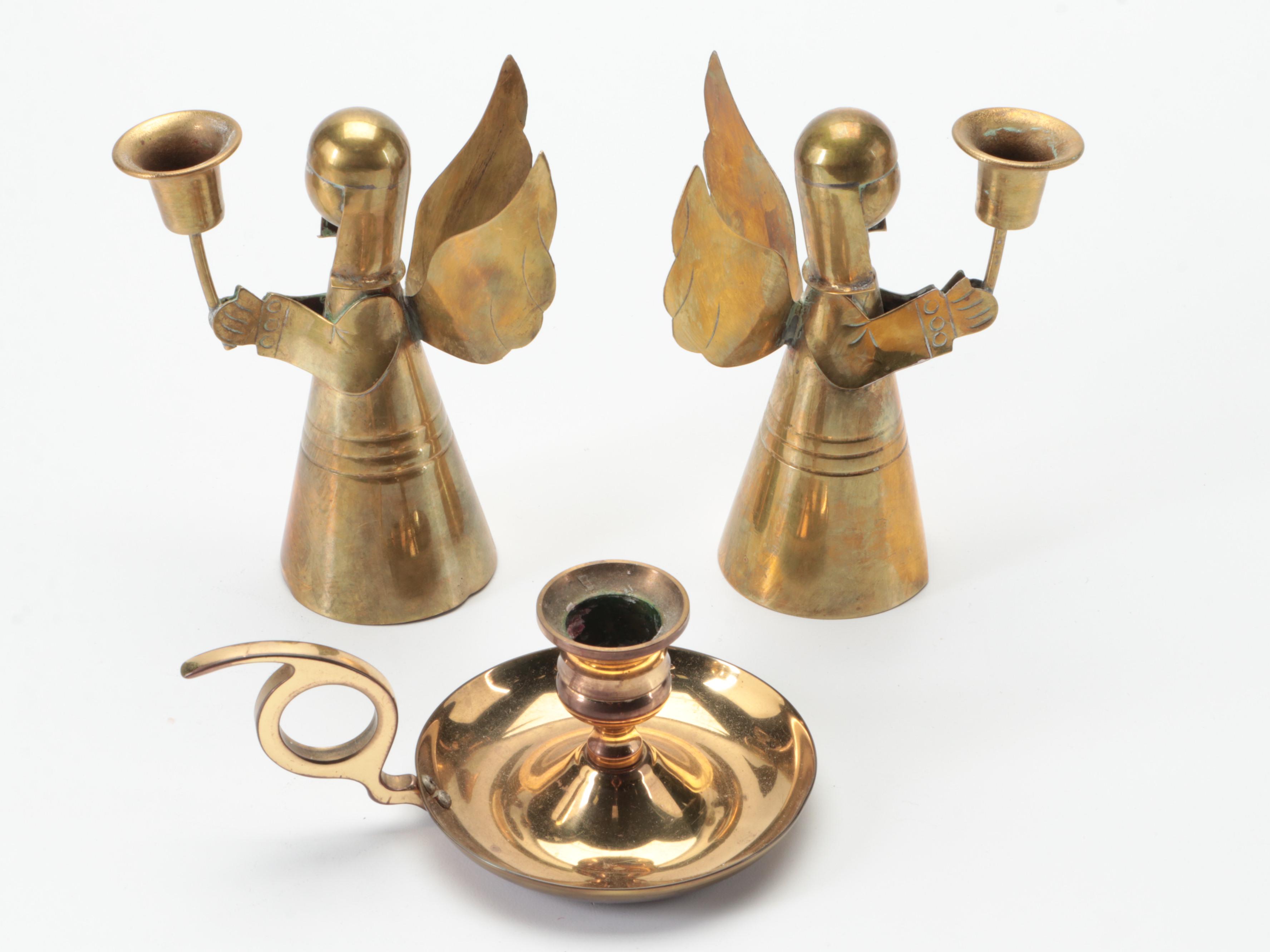 Seiden Lacquered Brass Tray with Brass Candlestick Collection