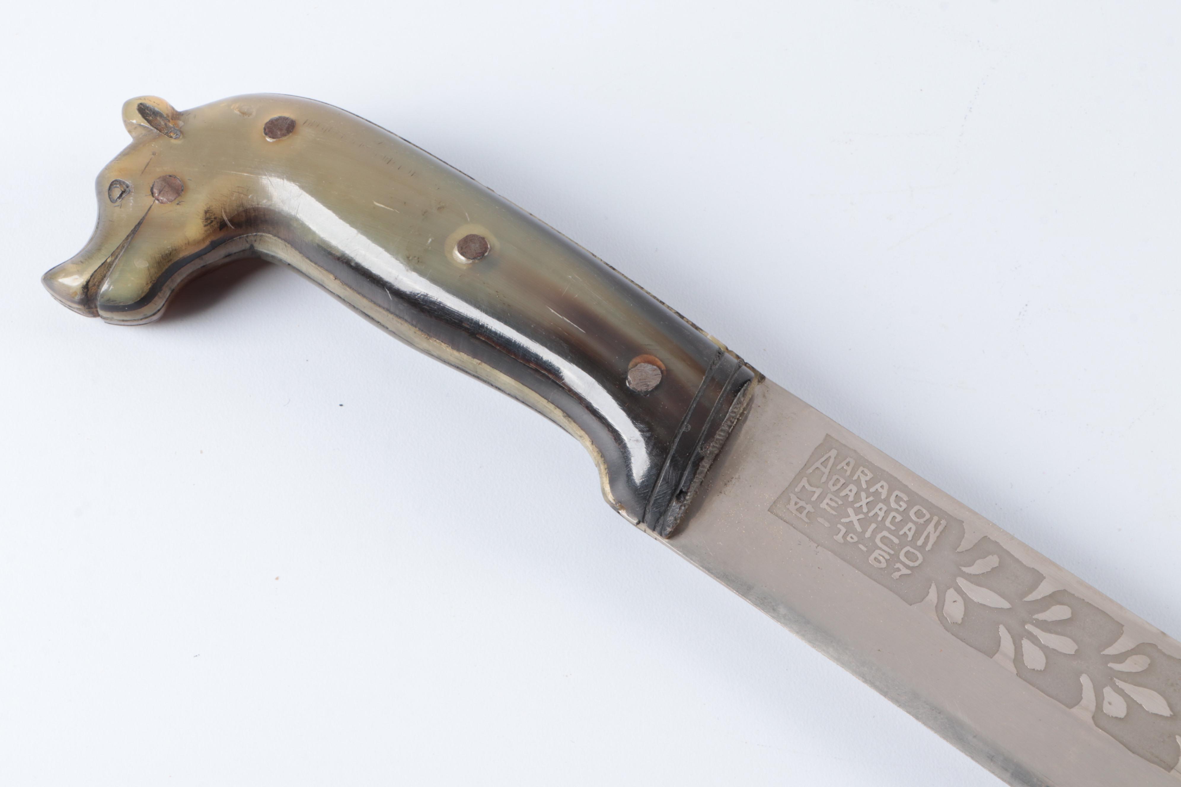 Mexican Stainless Steel Machete with Embossed Leather Scabbard