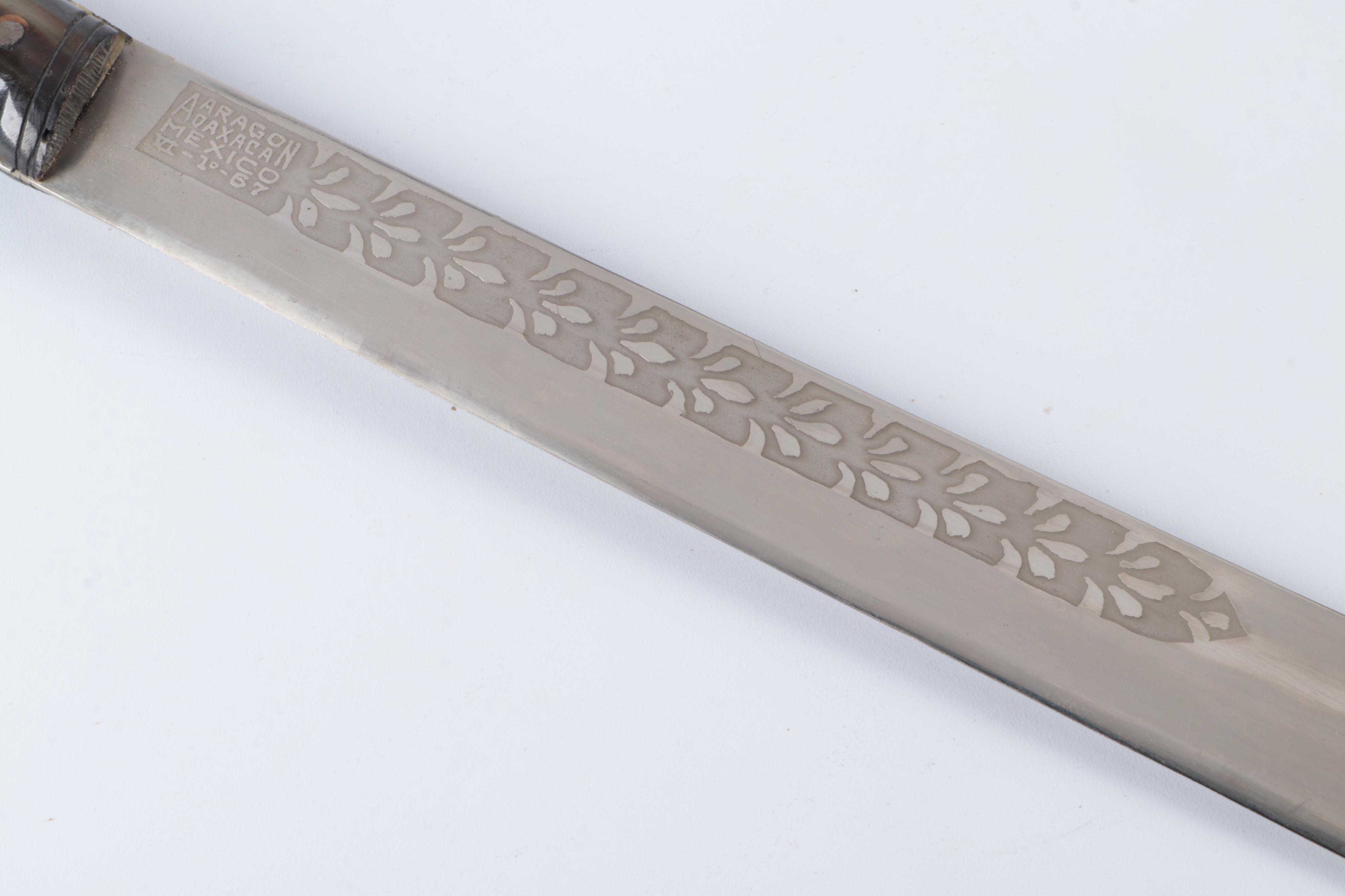 Mexican Stainless Steel Machete with Embossed Leather Scabbard