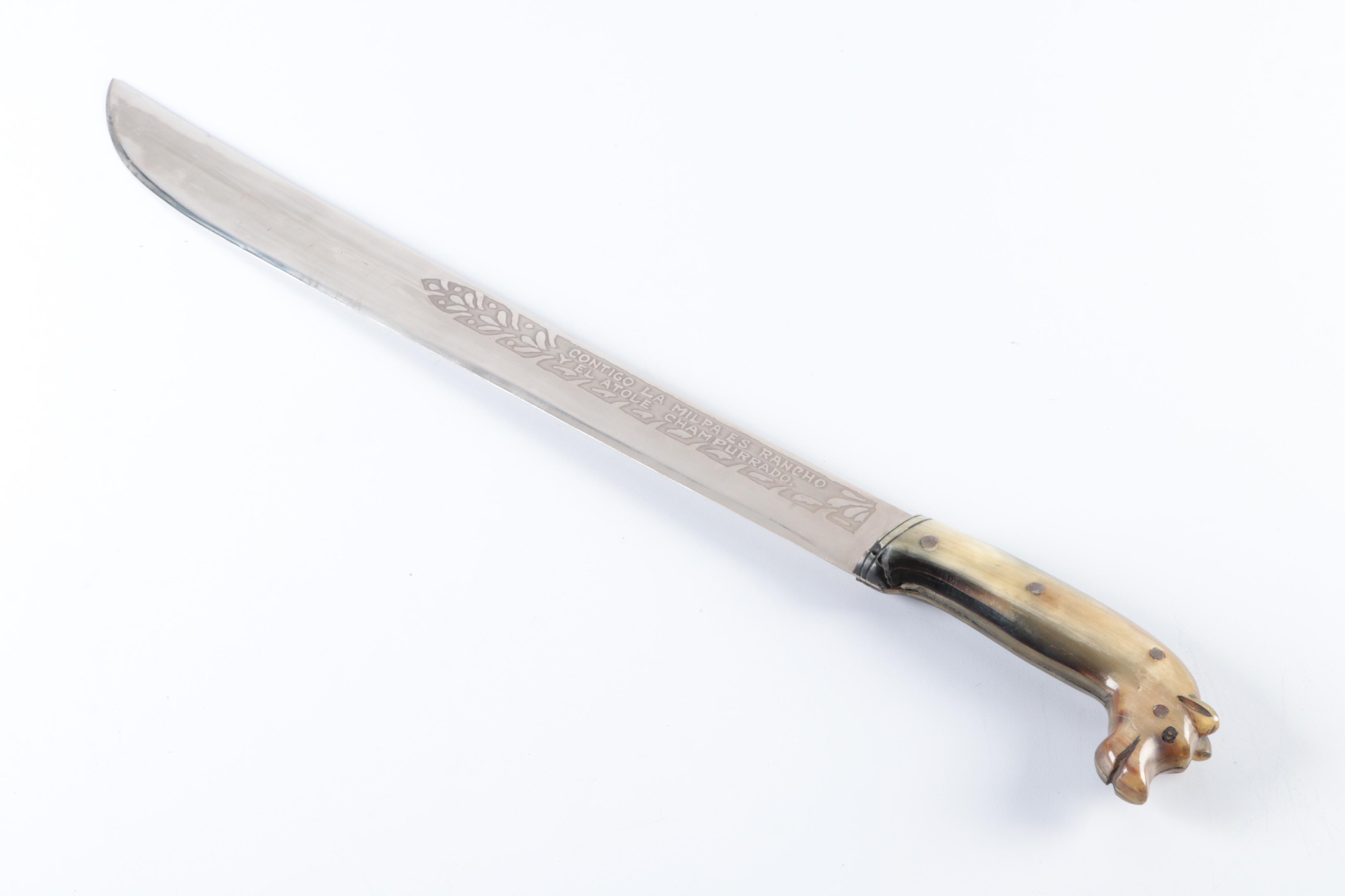 Mexican Stainless Steel Machete with Embossed Leather Scabbard