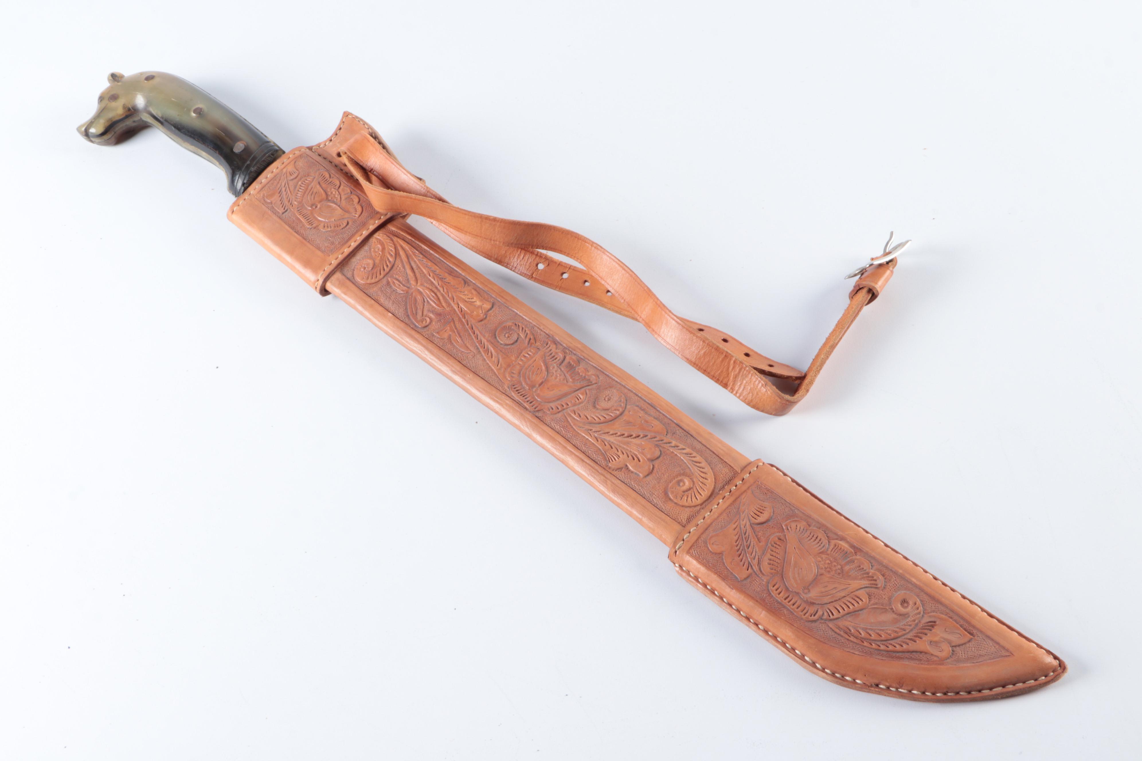 Mexican Stainless Steel Machete with Embossed Leather Scabbard