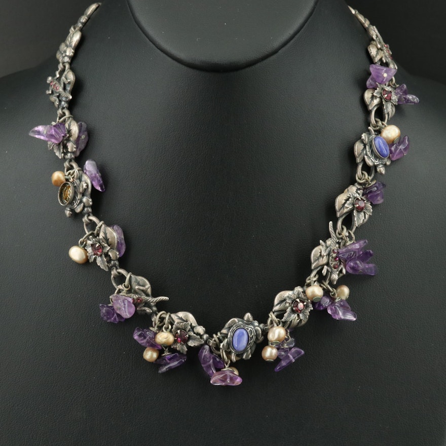 Mary DeMarco Floral Necklace Including Amethyst and Rhinestone