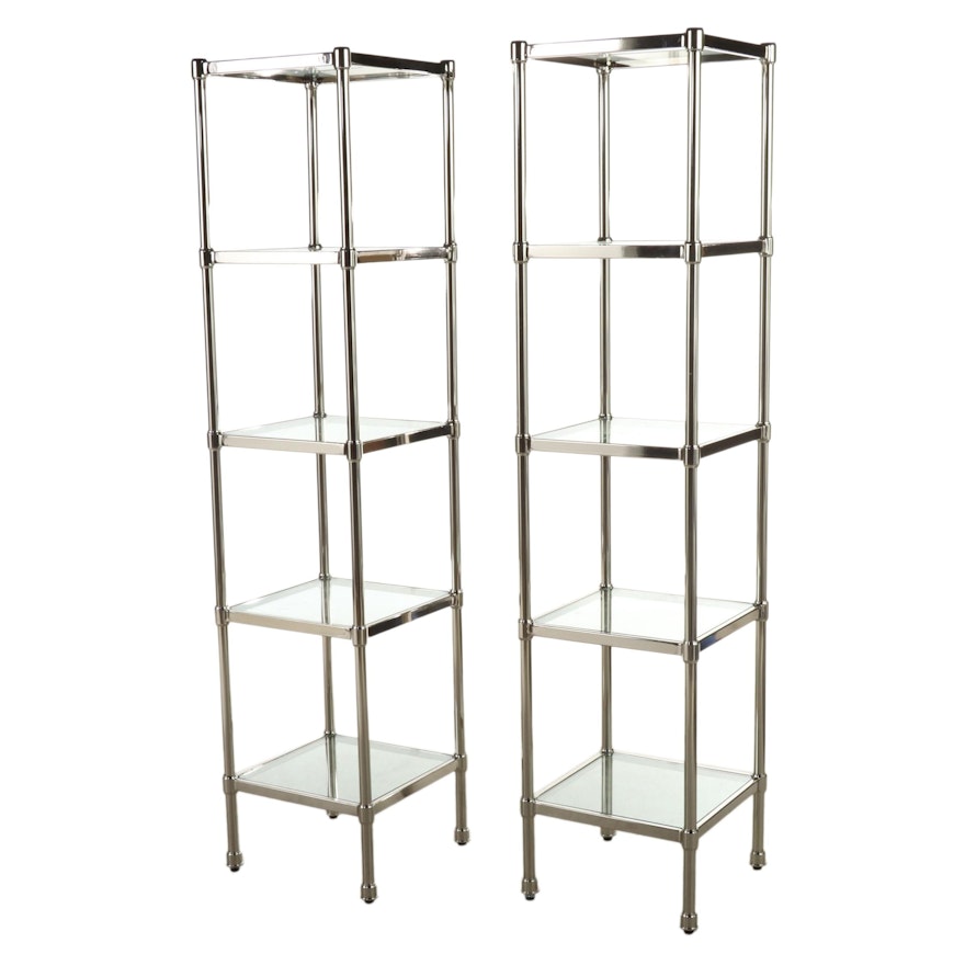 Pair of Modernist Style Chrome and Glass Five-Tier Display Towers