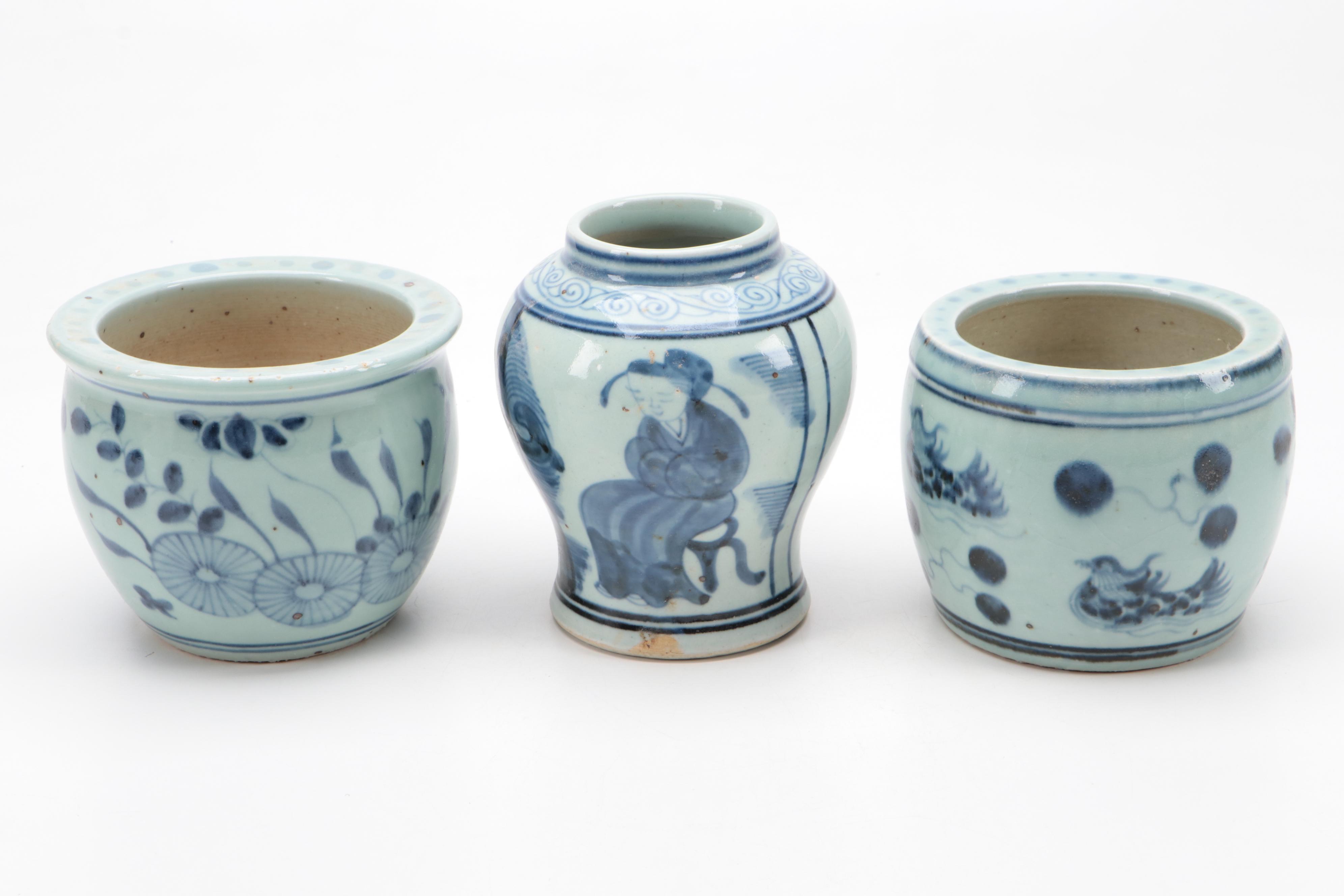 Chinese Blue and White Vase and Planters