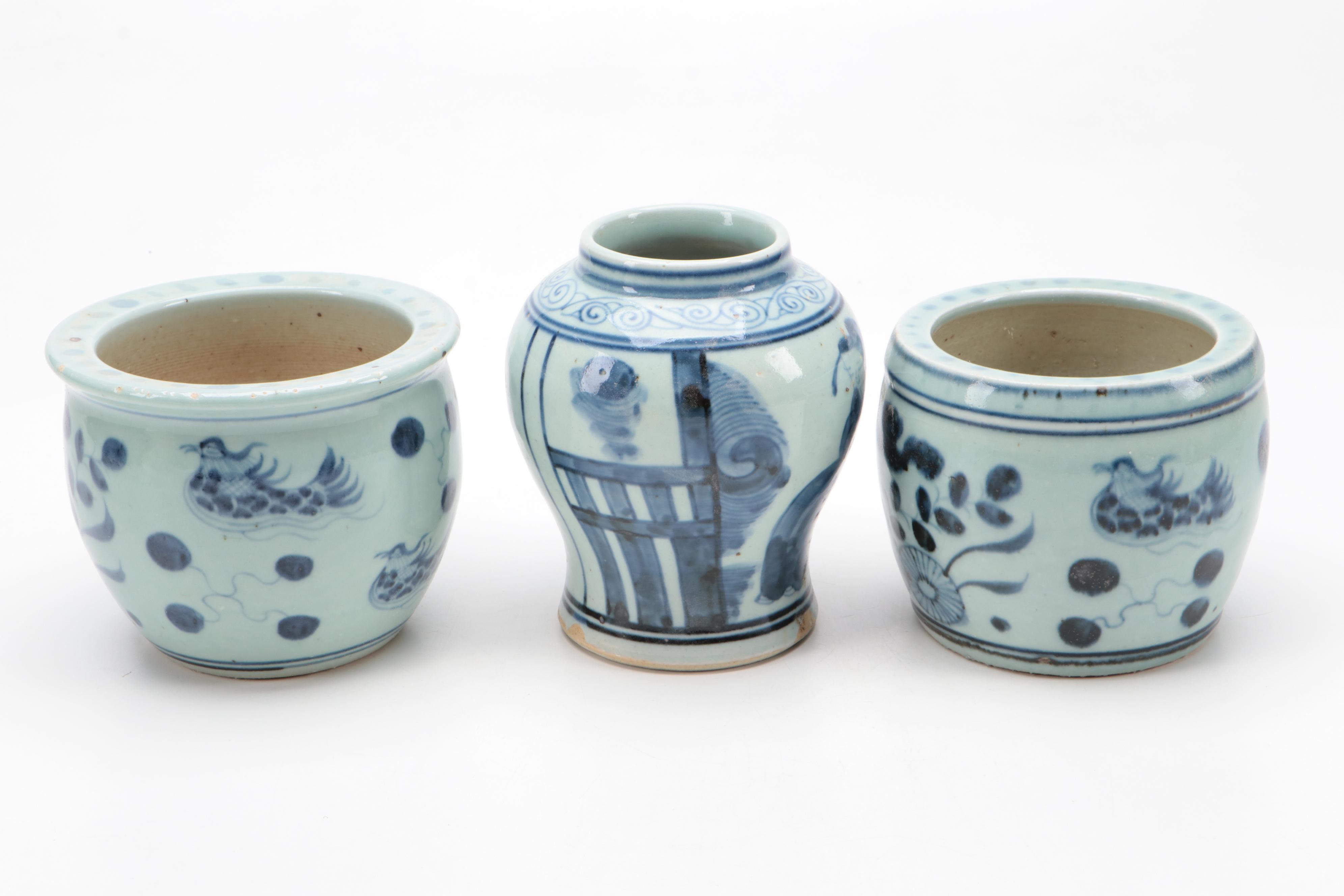 Chinese Blue and White Vase and Planters
