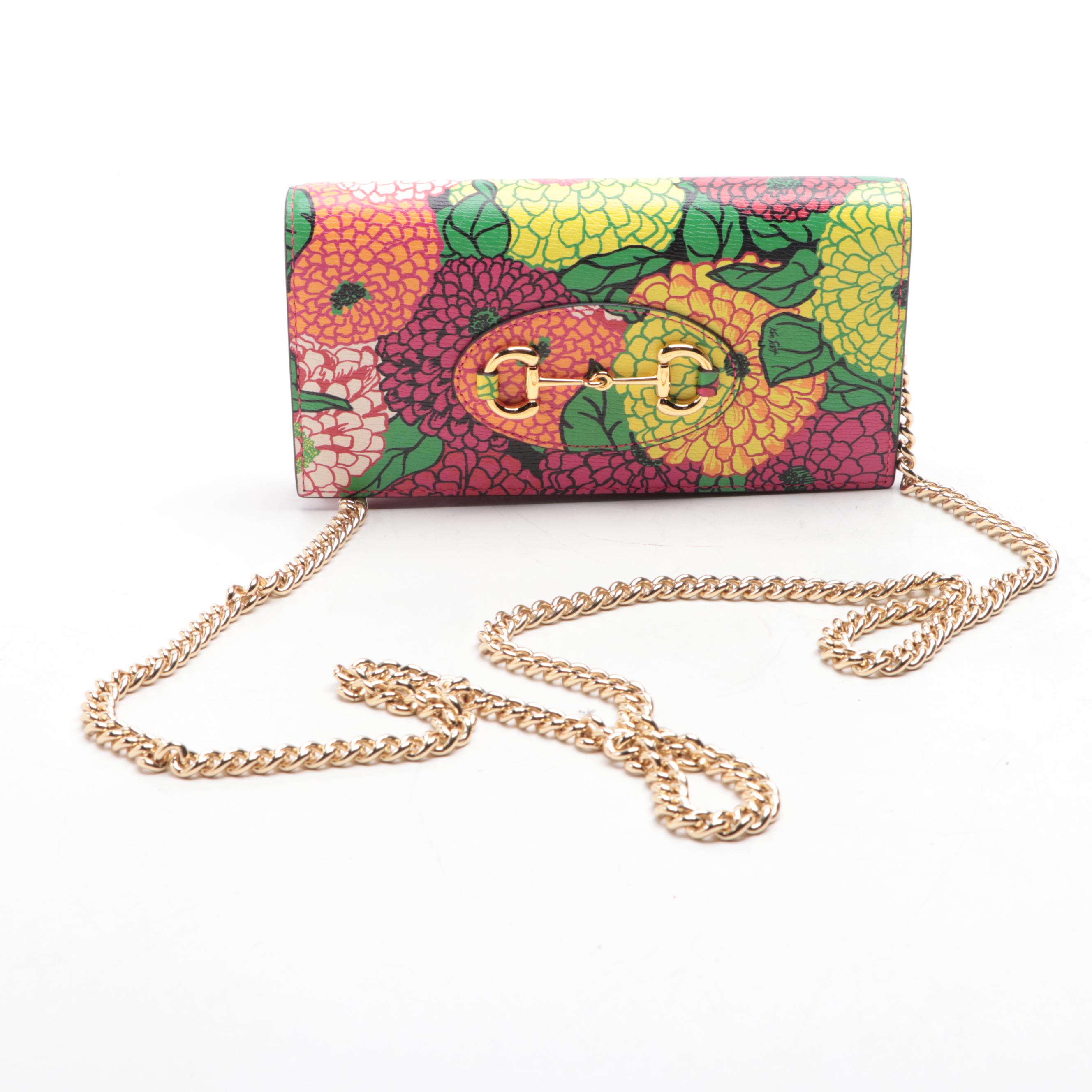 Gucci x Ken Scott Horsebit Wallet on Chain in Floral Textured Leather