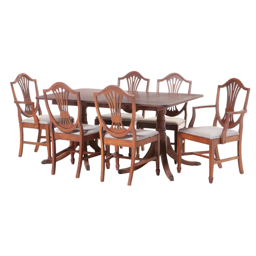 Hepplewhite Style Mahogany Double Pedestal Table with Shield-Back Chairs