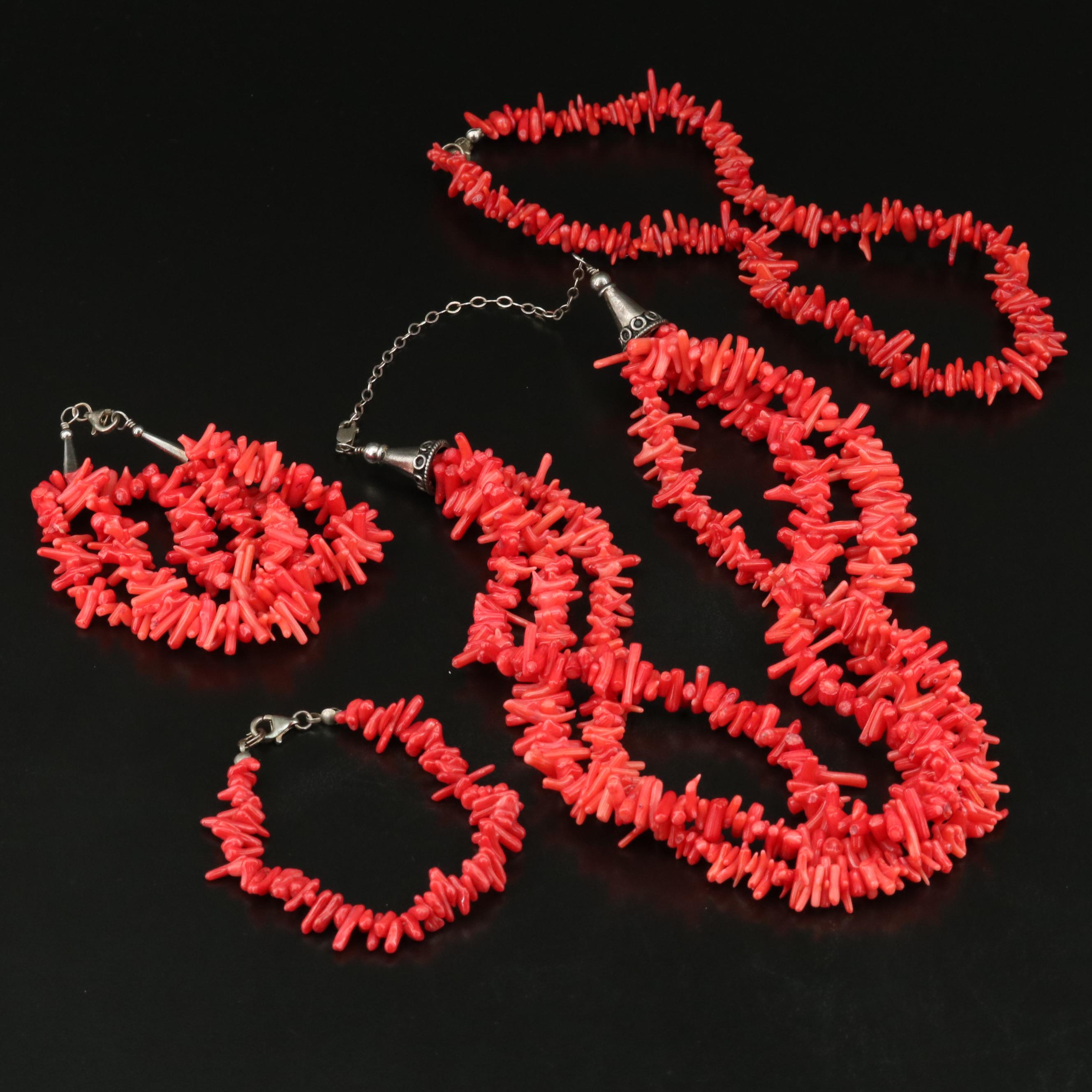 Sterling Coral Single and Triple Strand Necklaces and Bracelets