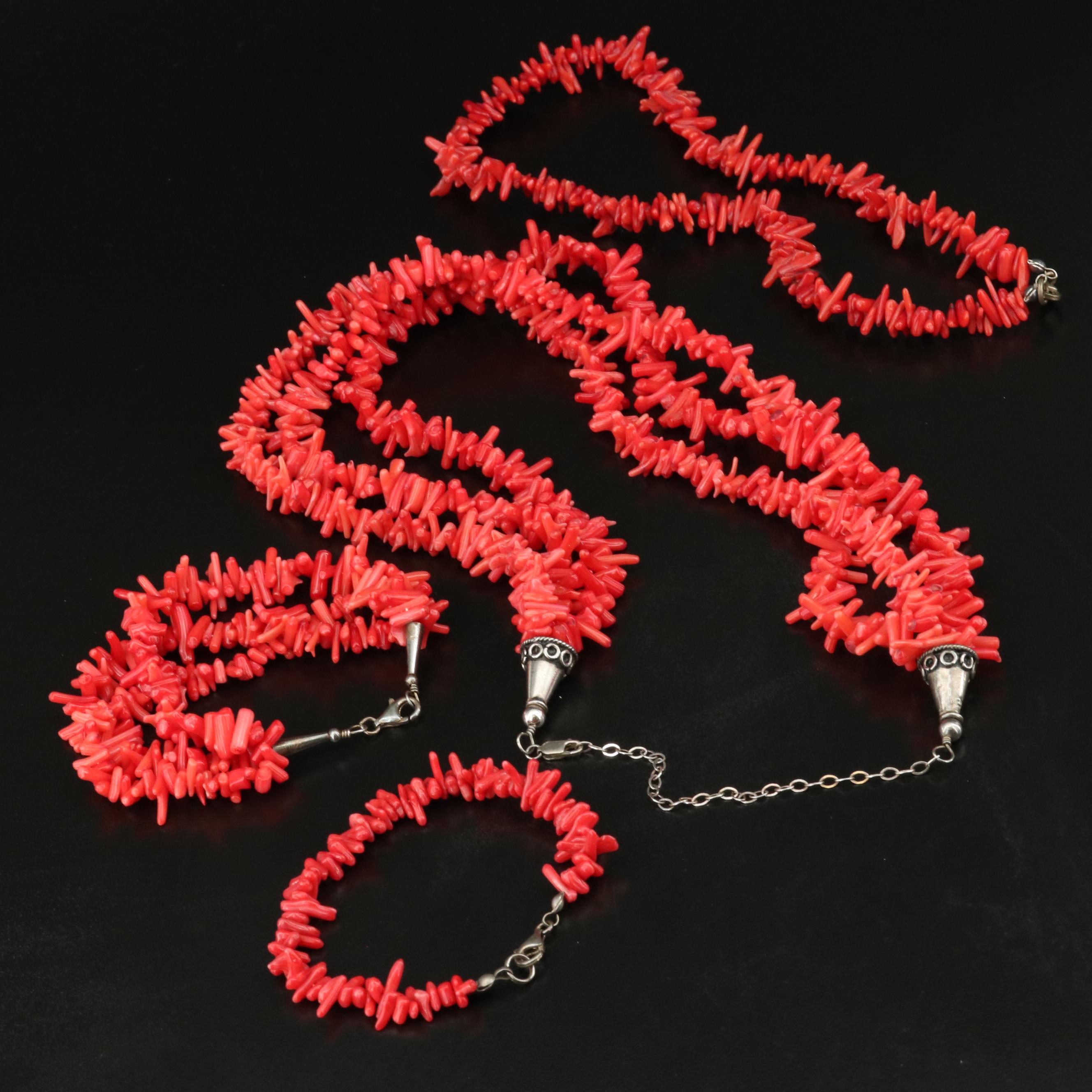 Sterling Coral Single and Triple Strand Necklaces and Bracelets