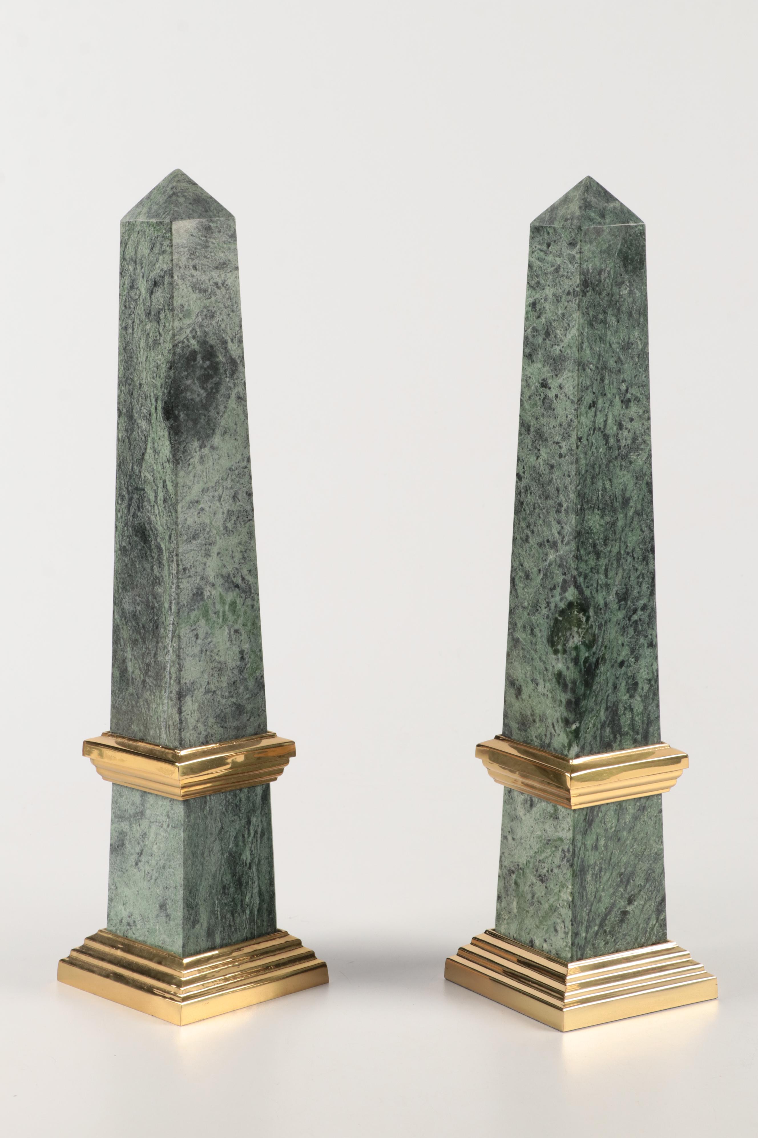 Grand Tour Style Green Marble and Brass Obelisks