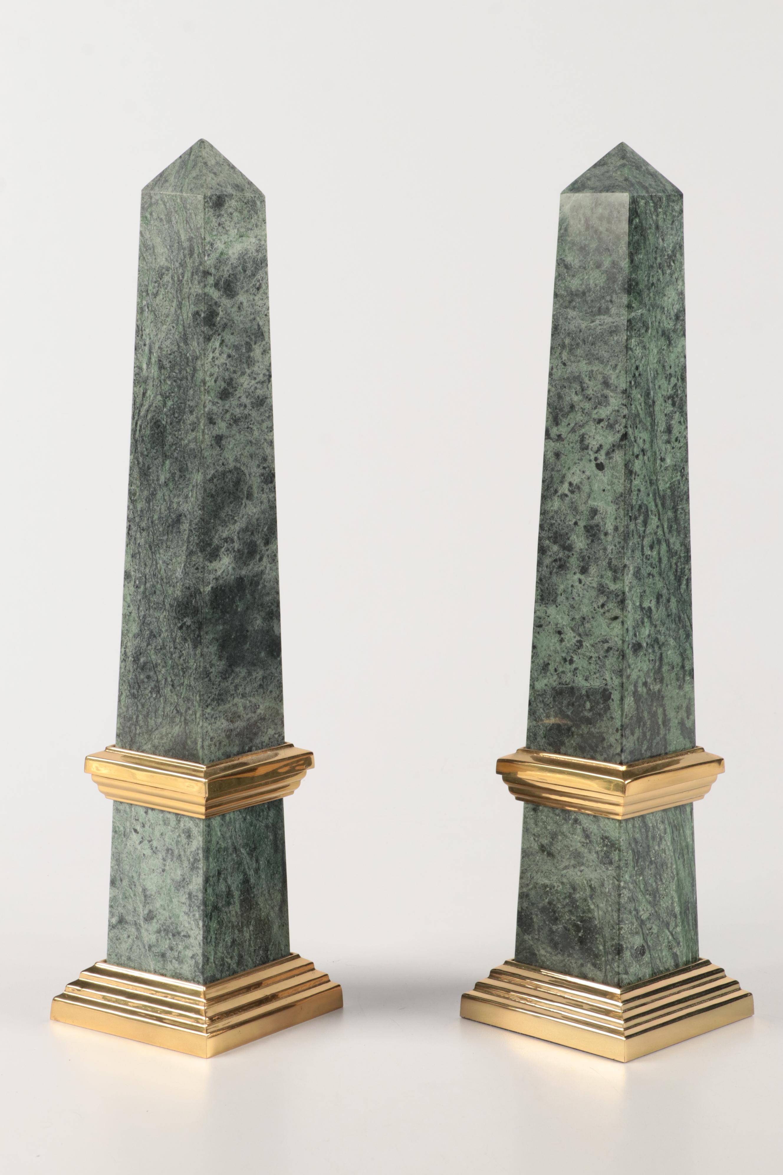 Grand Tour Style Green Marble and Brass Obelisks